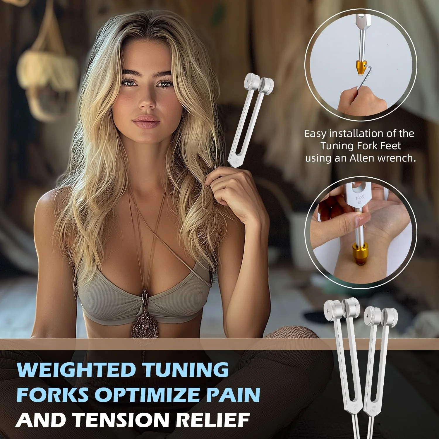 Tuning Forks for Healing, Aluminum Alloy Tuning Fork 128Hz, 136.1Hz, 256Hz, 384Hz, Hockey Puck Activator & feet, Weighted & Unweighted Tuning Fork Set with Vegan Leather Pouch 4PCS Silver - Image 4