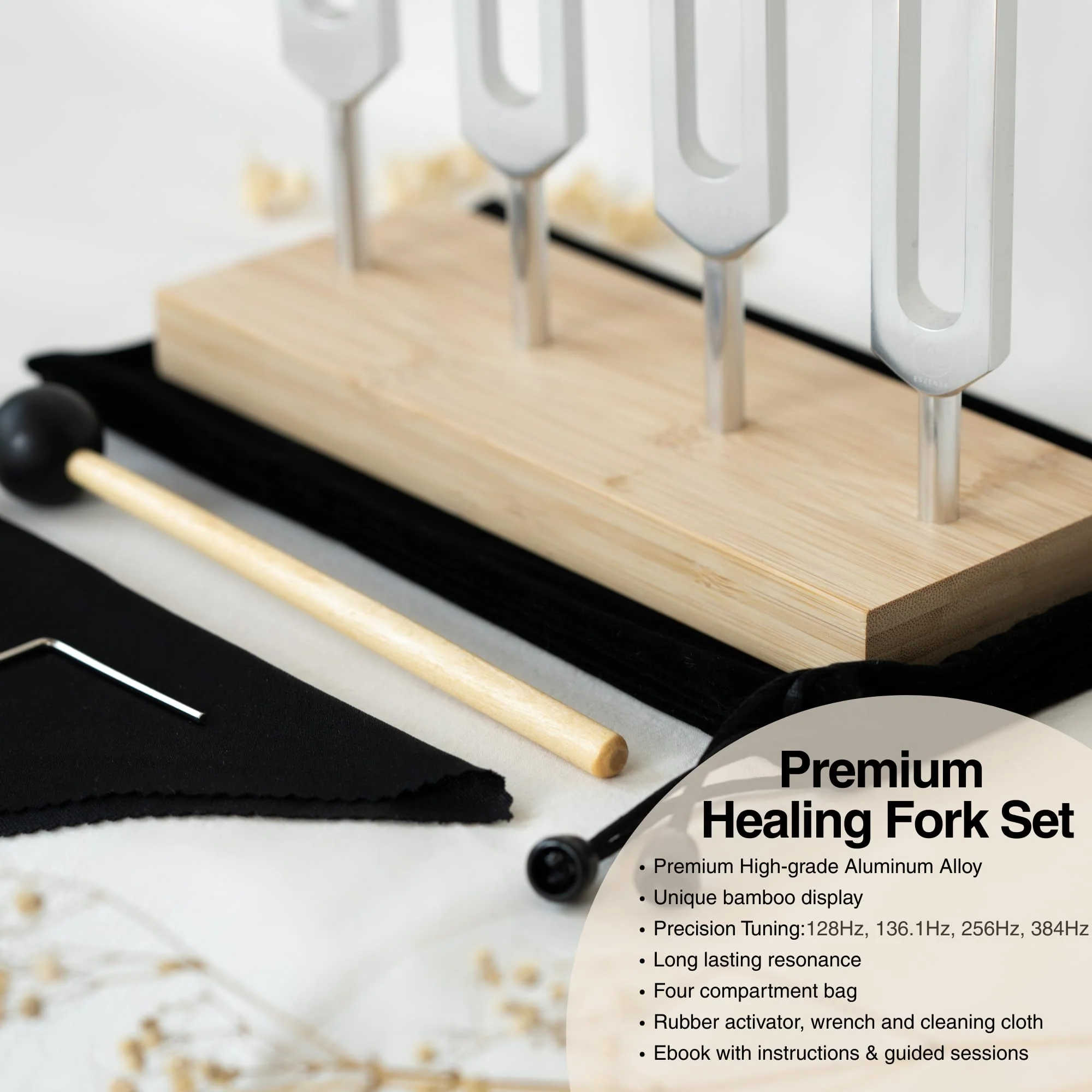 Tuning Forks for Healing Set – 128 Hz, 136.1 Hz, 256 Hz, 384 Hz Sound Healing Instruments with Bamboo Display Tray and User Guide for Sound Therapy, Meditation, Chakra Healing & Sound Bath Rituals - Image 2