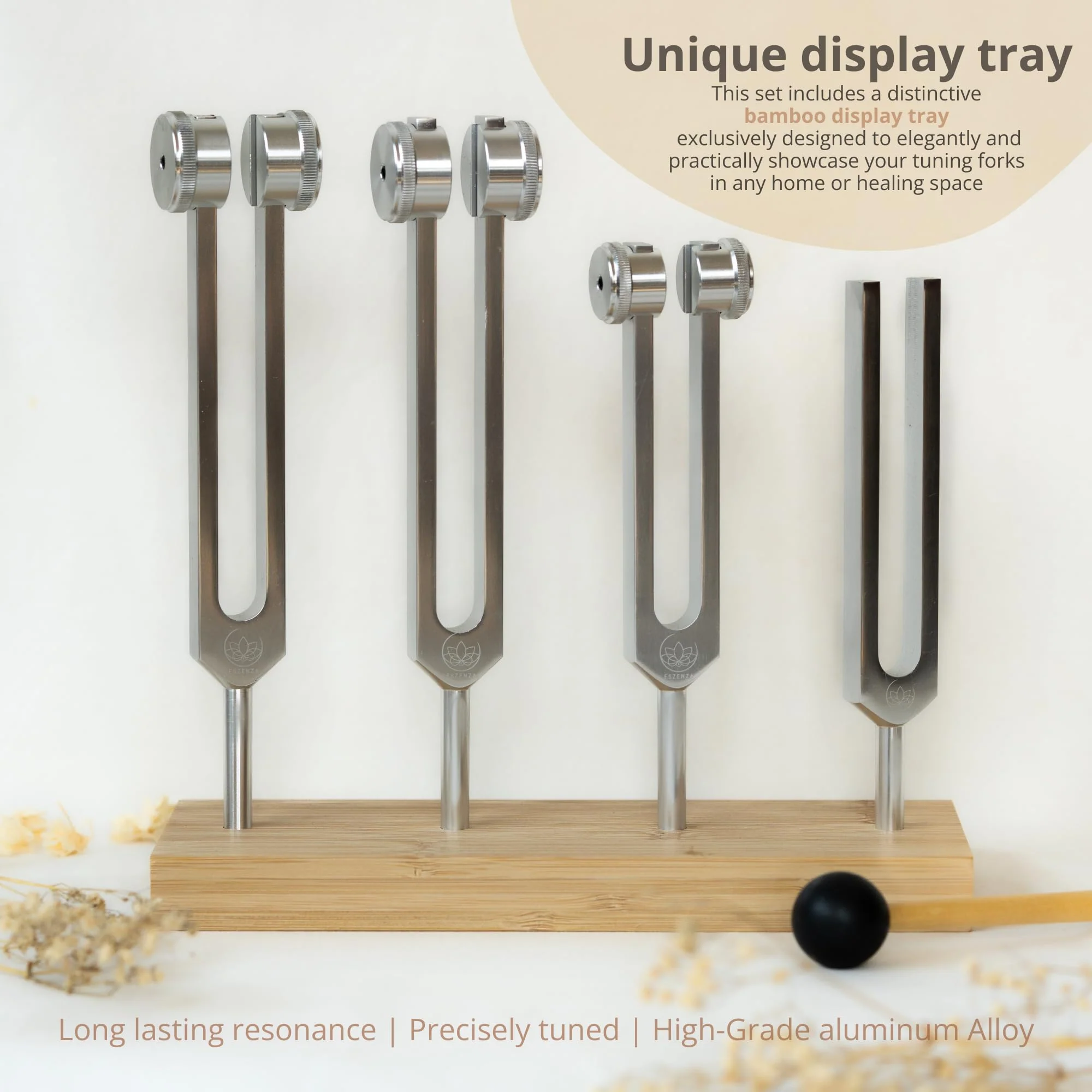 Tuning Forks for Healing Set – 128 Hz, 136.1 Hz, 256 Hz, 384 Hz Sound Healing Instruments with Bamboo Display Tray and User Guide for Sound Therapy, Meditation, Chakra Healing & Sound Bath Rituals - Image 4
