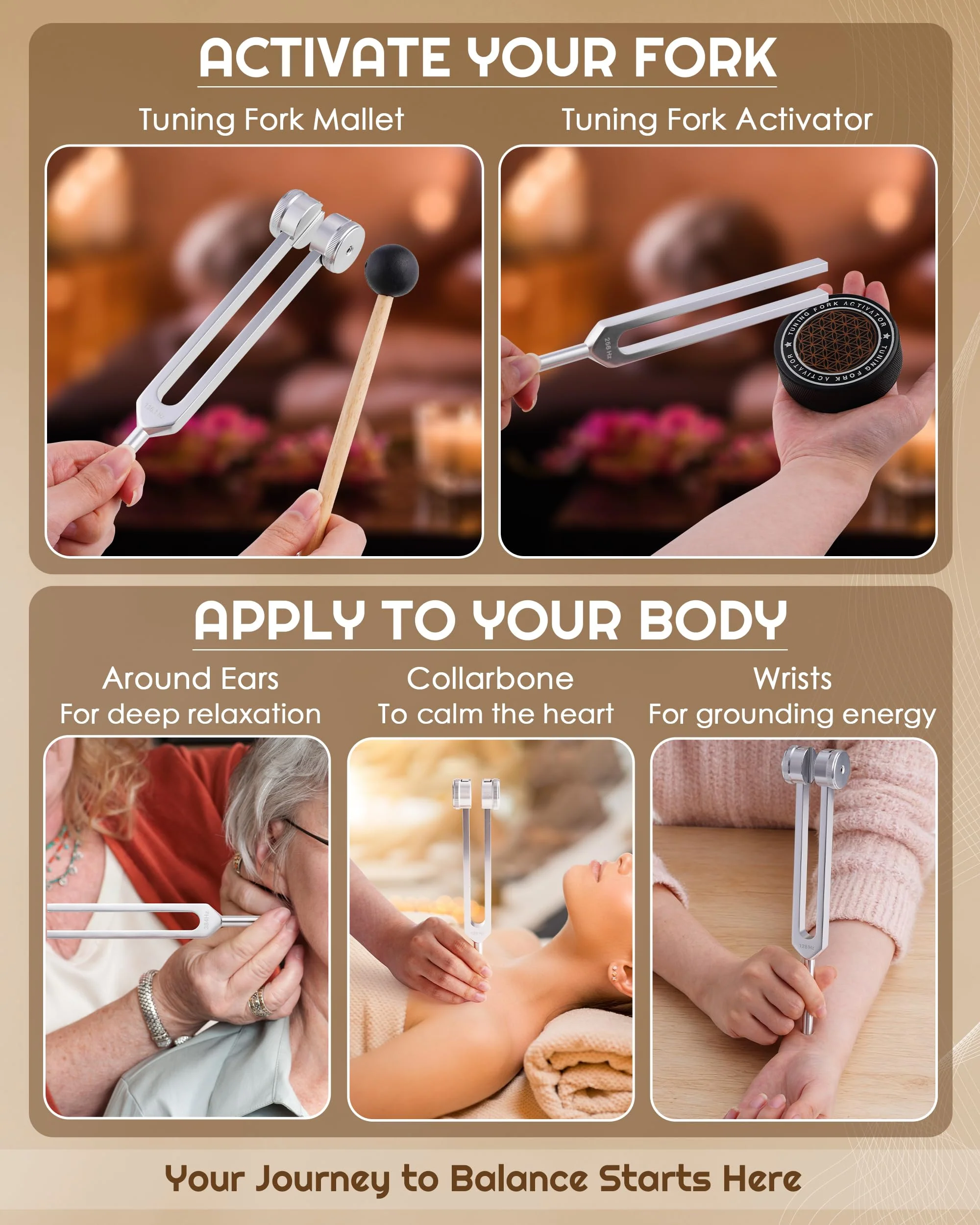 Tuning Forks for Healing Set-128Hz, 136.1Hz, 256Hz, 384Hz Weighted & Unweighted with Activator & Pouch-Complete Sound Therapy Kit for Chakra Balancing, Yoga, Meditation, Stress Relief & Energy Healing - Image 7