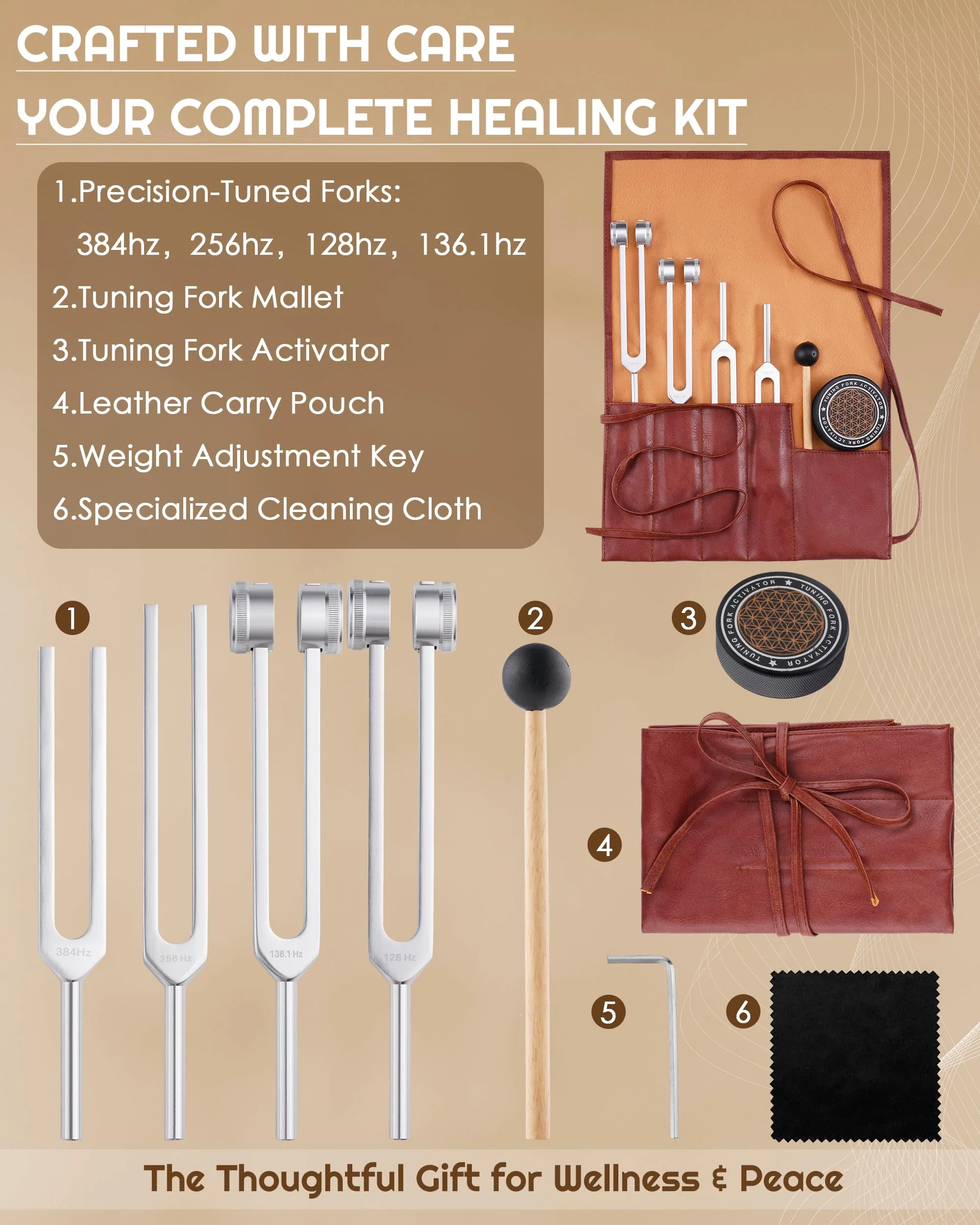 Tuning Forks for Healing Set-128Hz, 136.1Hz, 256Hz, 384Hz Weighted & Unweighted with Activator & Pouch-Complete Sound Therapy Kit for Chakra Balancing, Yoga, Meditation, Stress Relief & Energy Healing - Image 9