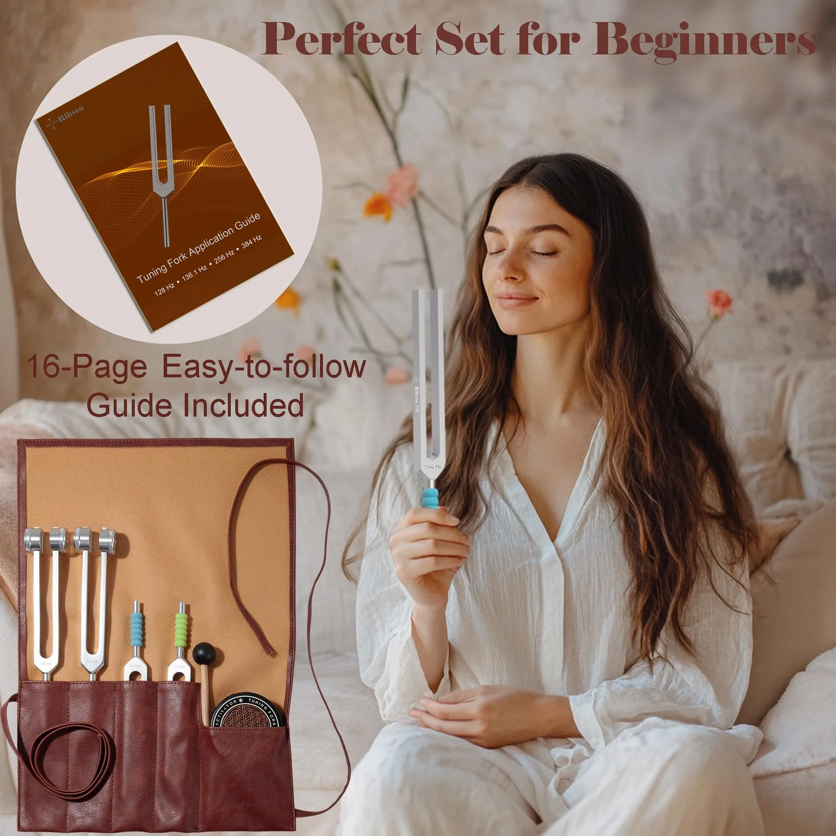 Tuning Forks for Healing Set (128Hz, 136.1Hz, 256Hz, 384Hz) with Activator & Reflex Hammer, Sound Therapy Instruments for Chakra/Yoga/Meditation, Frequency Healing Devices in Vegan Leather Pouch Silver - Image 2