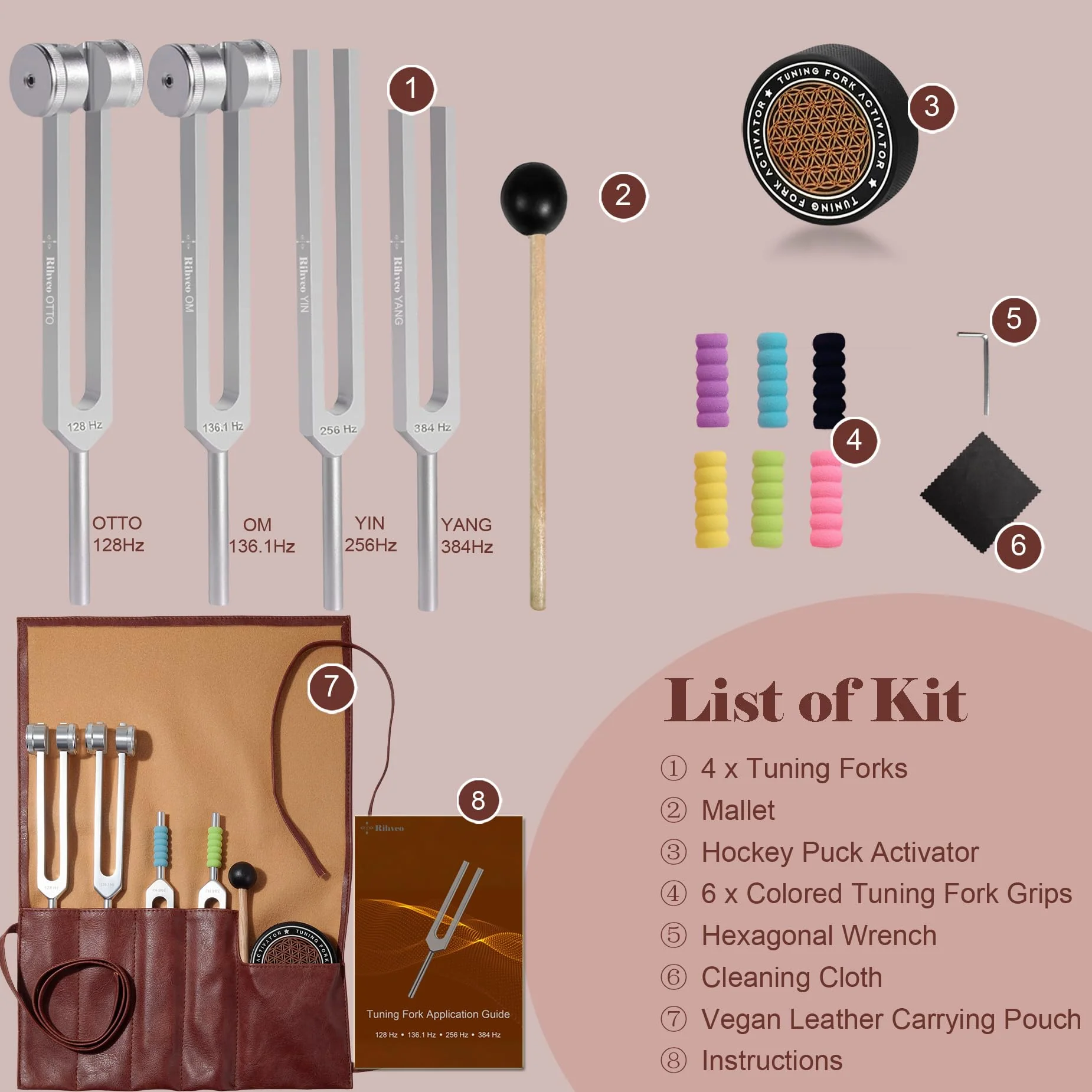 Tuning Forks for Healing Set (128Hz, 136.1Hz, 256Hz, 384Hz) with Activator & Reflex Hammer, Sound Therapy Instruments for Chakra/Yoga/Meditation, Frequency Healing Devices in Vegan Leather Pouch Silver - Image 3