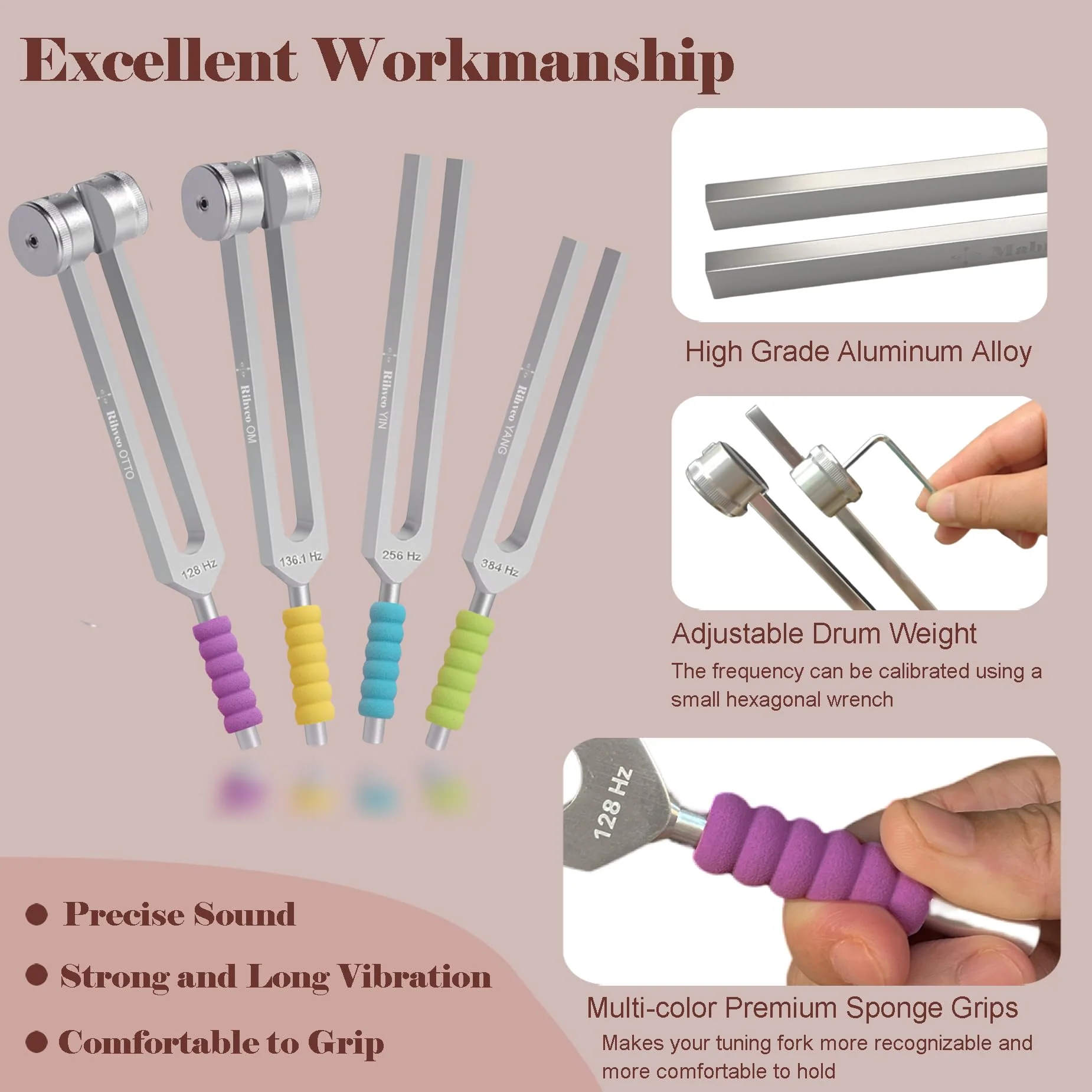 Tuning Forks for Healing Set (128Hz, 136.1Hz, 256Hz, 384Hz) with Activator & Reflex Hammer, Sound Therapy Instruments for Chakra/Yoga/Meditation, Frequency Healing Devices in Vegan Leather Pouch Silver - Image 4