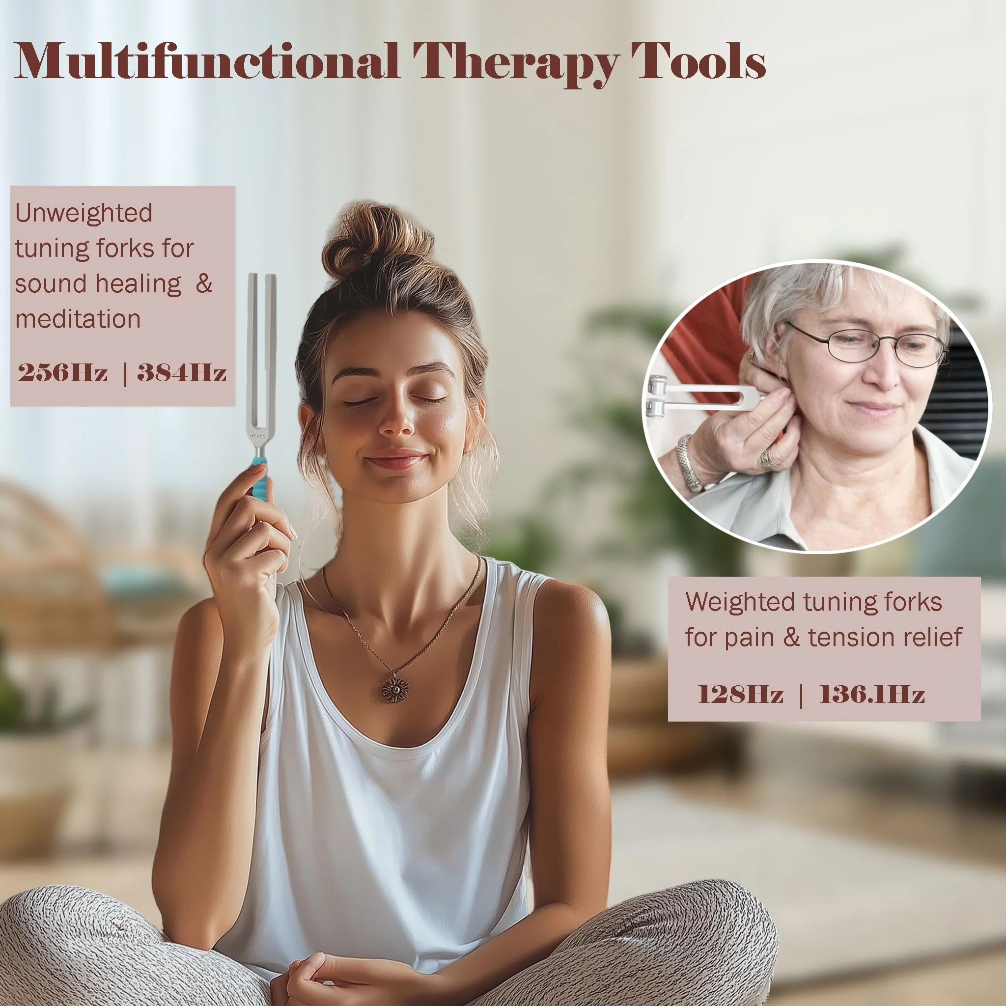 Tuning Forks for Healing Set (128Hz, 136.1Hz, 256Hz, 384Hz) with Activator & Reflex Hammer, Sound Therapy Instruments for Chakra/Yoga/Meditation, Frequency Healing Devices in Vegan Leather Pouch Silver - Image 6