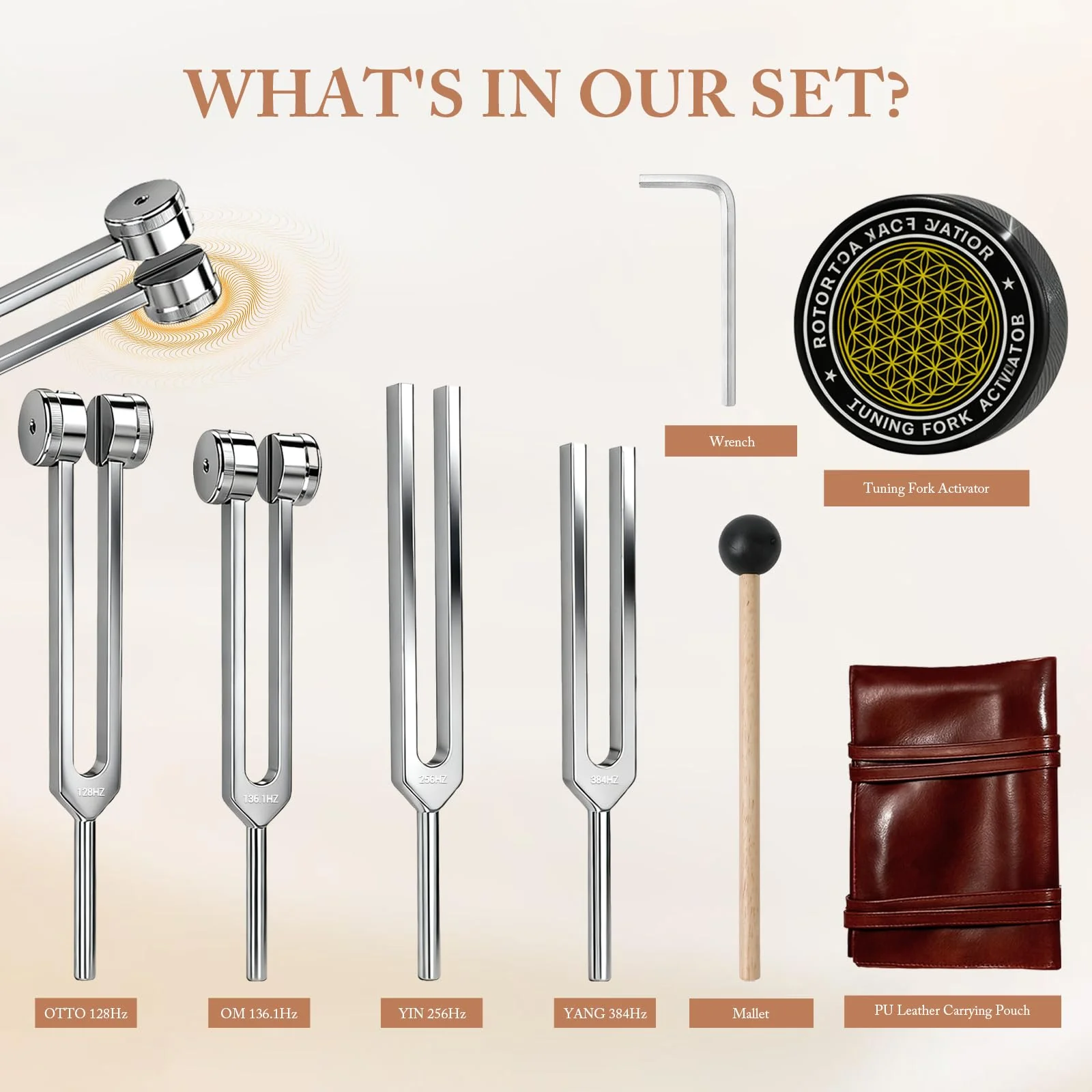 Tuning Forks for Healing Set (128Hz, 136.1Hz, 256Hz, 384Hz) with Activator & Wooden Mallet, Chakra Healing, Sound Therapy, Reiki, Yoga, Energy Balancing Tools - Image 3