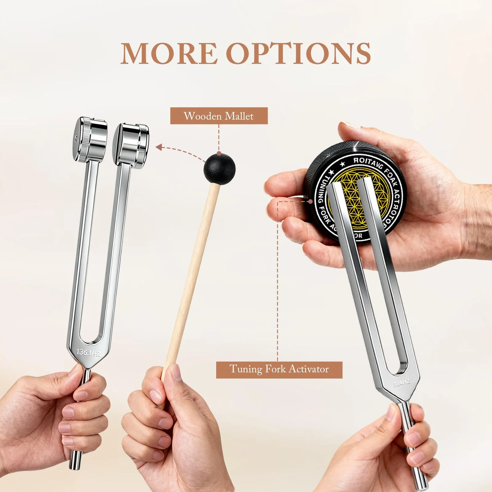 Tuning Forks for Healing Set (128Hz, 136.1Hz, 256Hz, 384Hz) with Activator & Wooden Mallet, Chakra Healing, Sound Therapy, Reiki, Yoga, Energy Balancing Tools - Image 6