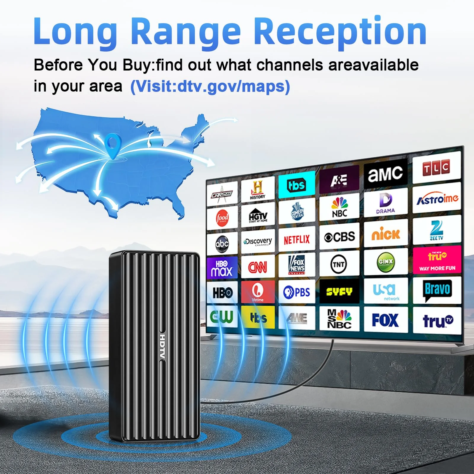 TV Antenna for HD Smart TV Indoor,1000+ Miles Range Digital Outdoor TV Antenna for Free Local Channels, Supports 8K/4K/1080P,33ft Coax Cable Noir - Image 6