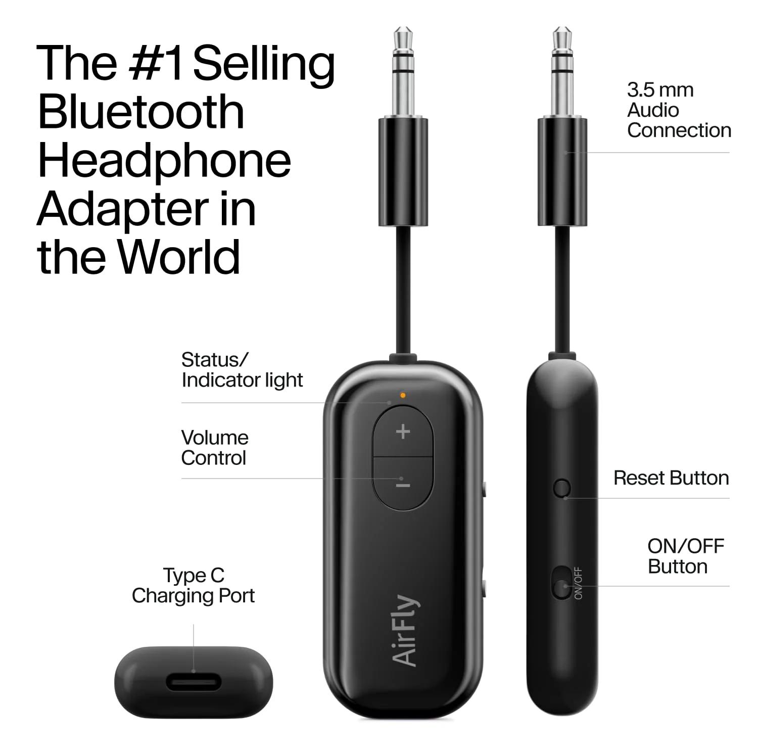 Twelve South AirFly SE, Bluetooth Wireless Audio Transmitter for AirPods/Wireless or Noise-Cancelling Headphones; Use with Any 3.5 mm Audio Jack on Airplanes, Gym Equipment or iPad/Tablets (Black) Black - Image 4