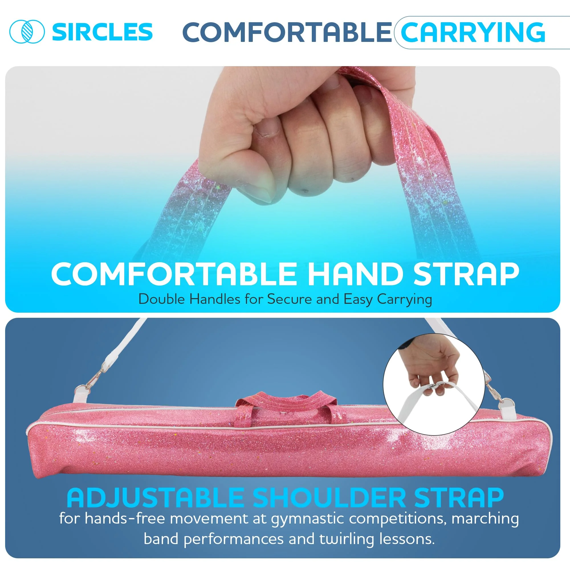 Twirling Baton Bag Case with Adjustable Shoulder Strap - Pink Sparkle Case for Majorette Marching Dance Batons - Complete with 2 Rainbow Dance Ribbons Baton Bag Pink - Image 2