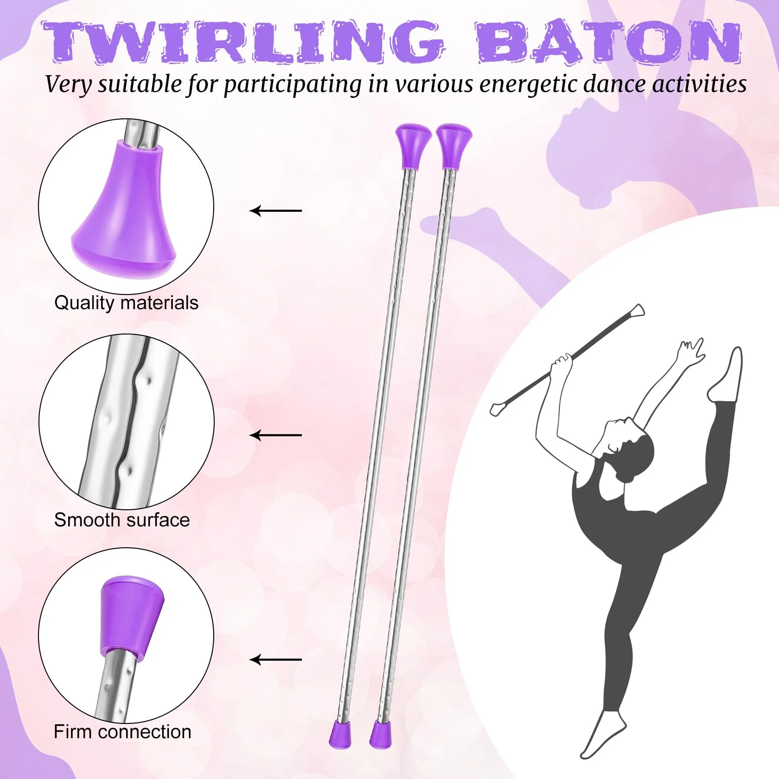 Twirling Baton Unisex Kids' Gymnastics Dance Baton Metal Baton Marching Band Baton Parade Baton Stick for Talent Shows, Artistic Dancing, Baton Twirling, 24 Inch Purple - Image 3