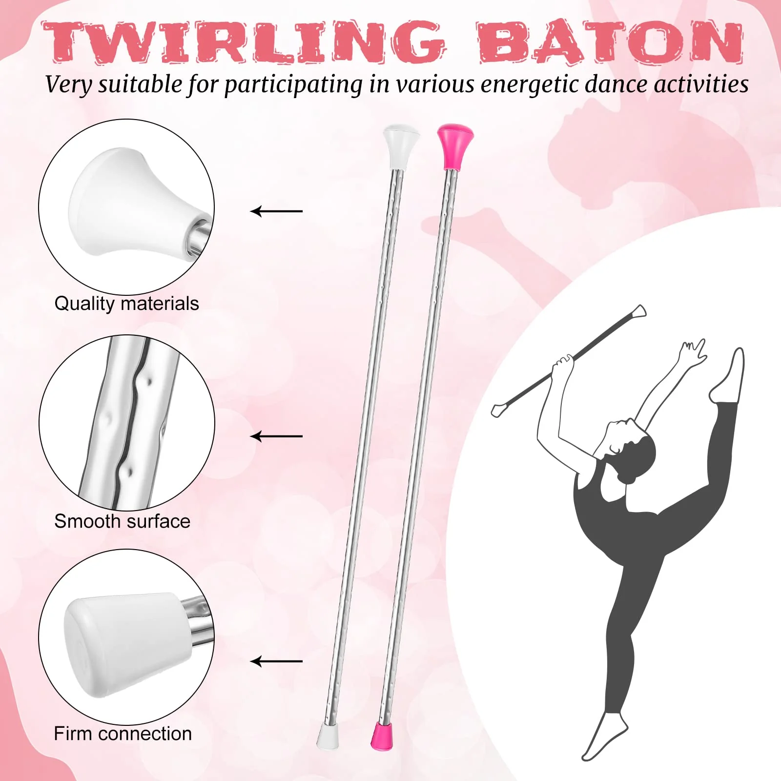 Twirling Baton Unisex Kids' Gymnastics Dance Baton Metal Baton Marching Band Baton Parade Baton Stick for Talent Shows, Artistic Dancing, Baton Twirling (White, Pink,26 Inch) White, Pink 26 Inch - Image 3