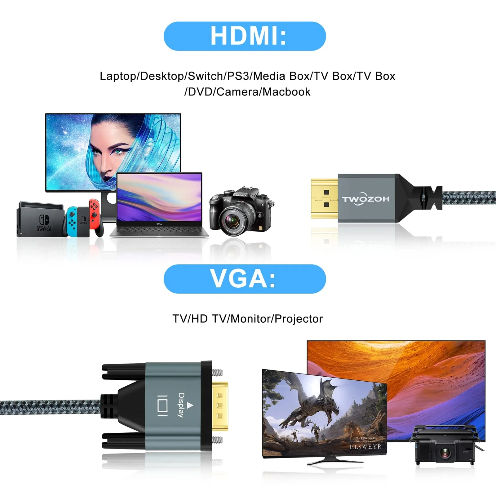 Twozoh HDMI to VGA Cable 3.3FT. Aluminum Alloy Shell Nylon Braided & Gold-Plated Support 1080P/60HZ 1 Pack - Image 3