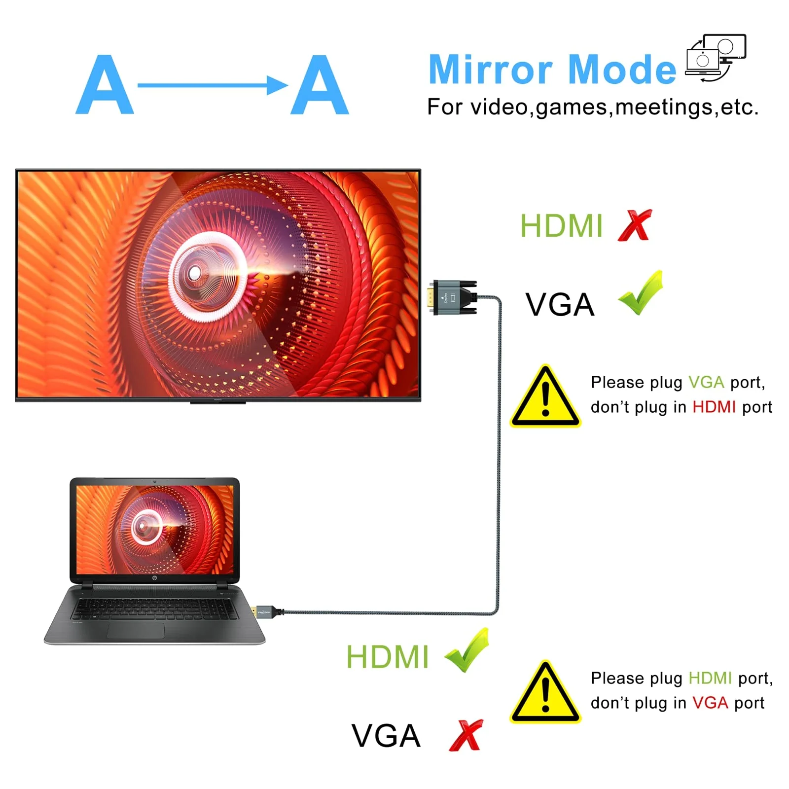Twozoh HDMI to VGA Cable 3.3FT. Aluminum Alloy Shell Nylon Braided & Gold-Plated Support 1080P/60HZ 1 Pack - Image 5