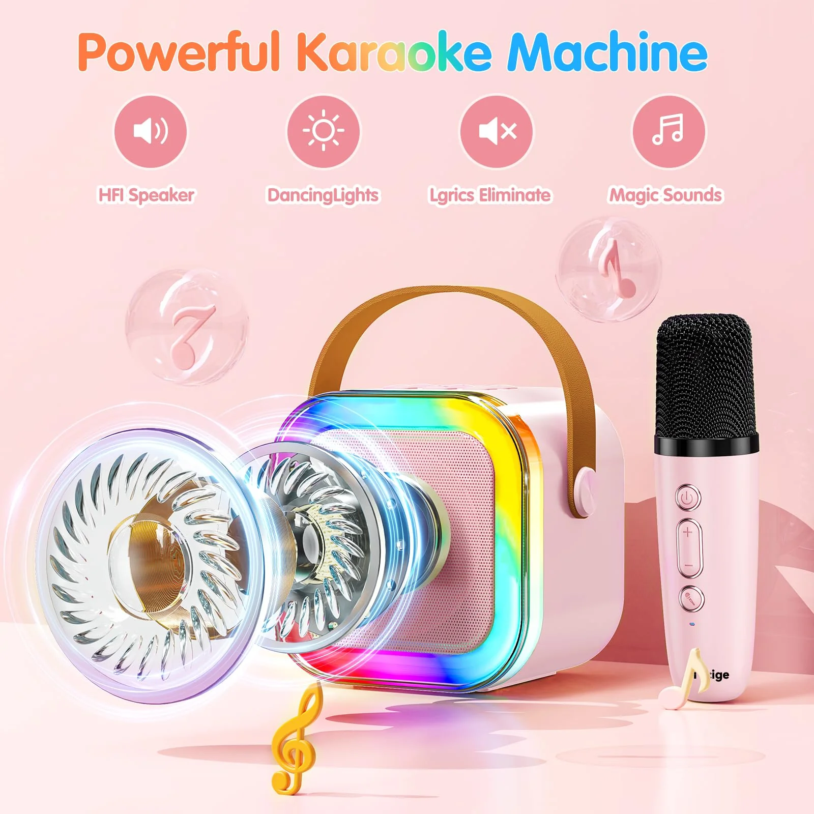 Txcige Mini Karaoke Machine for Kids Adults, Portable Bluetooth Karaoke Speaker with 2 Wireless Microphones & Colorful Lights, Karaoke Machine for Girls Boys Birthday Christmas (Pink) Pink - Image 2