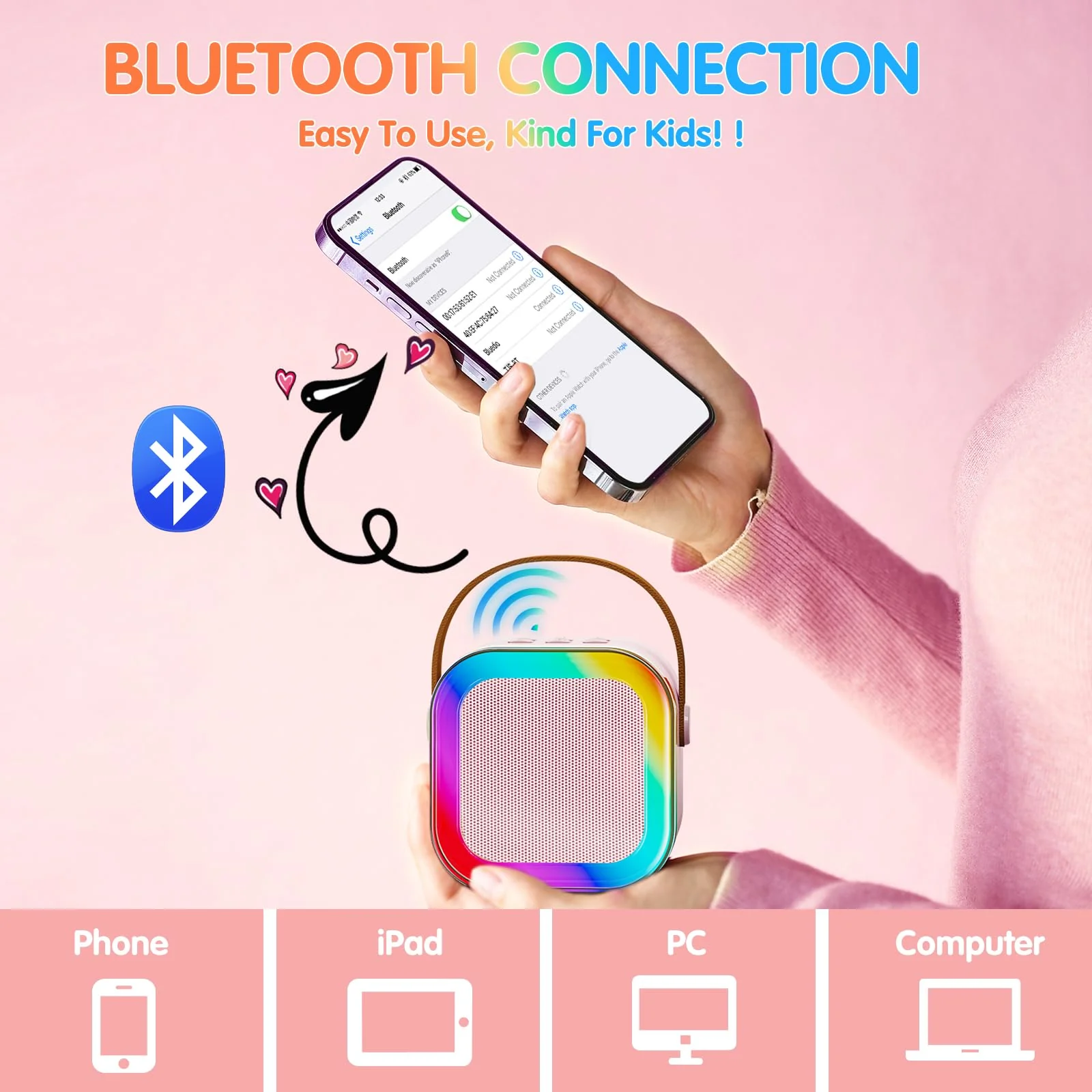 Txcige Mini Karaoke Machine for Kids Adults, Portable Bluetooth Karaoke Speaker with 2 Wireless Microphones & Colorful Lights, Karaoke Machine for Girls Boys Birthday Christmas (Pink) Pink - Image 3