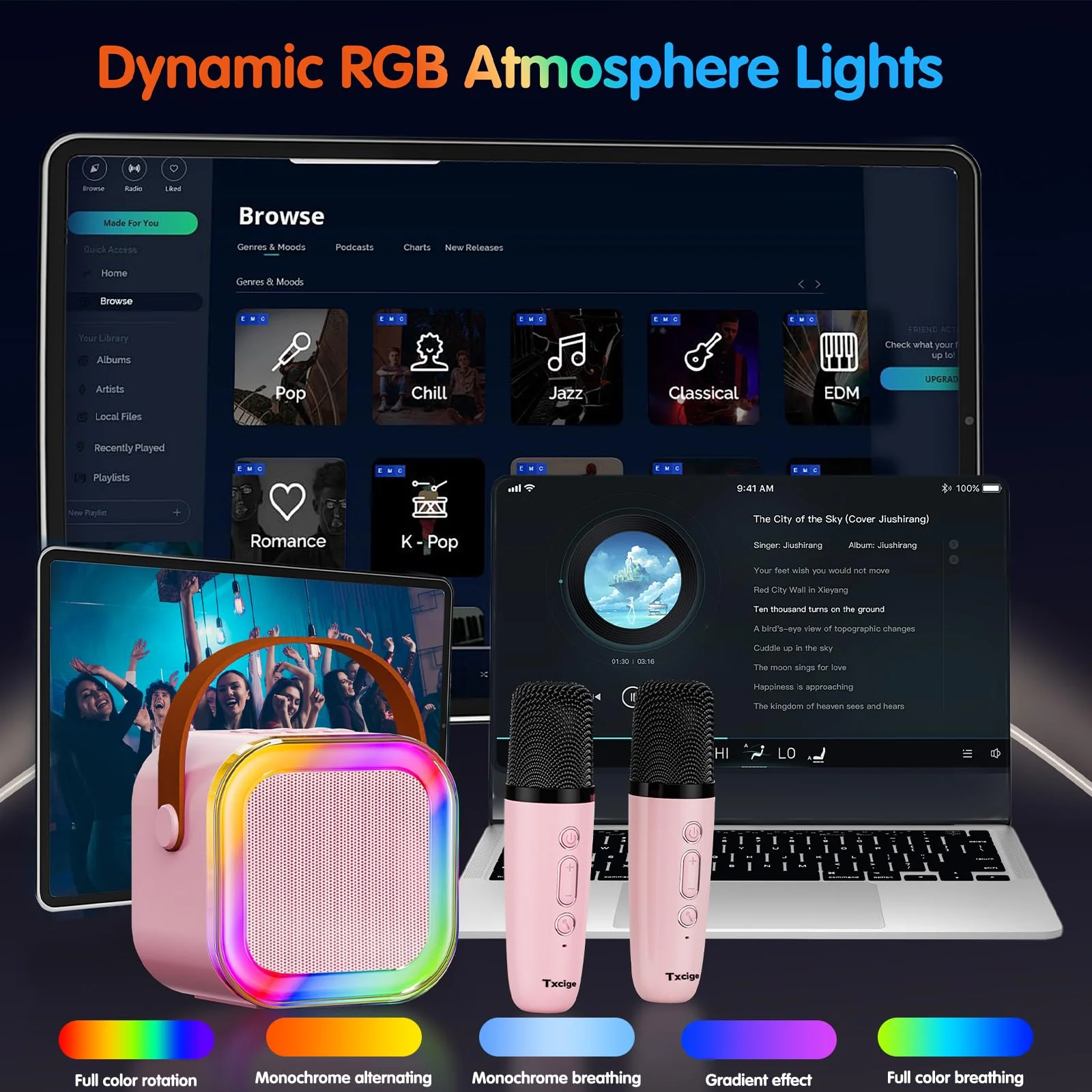 Txcige Mini Karaoke Machine for Kids Adults, Portable Bluetooth Karaoke Speaker with 2 Wireless Microphones & Colorful Lights, Karaoke Machine for Girls Boys Birthday Christmas (Pink) Pink - Image 4