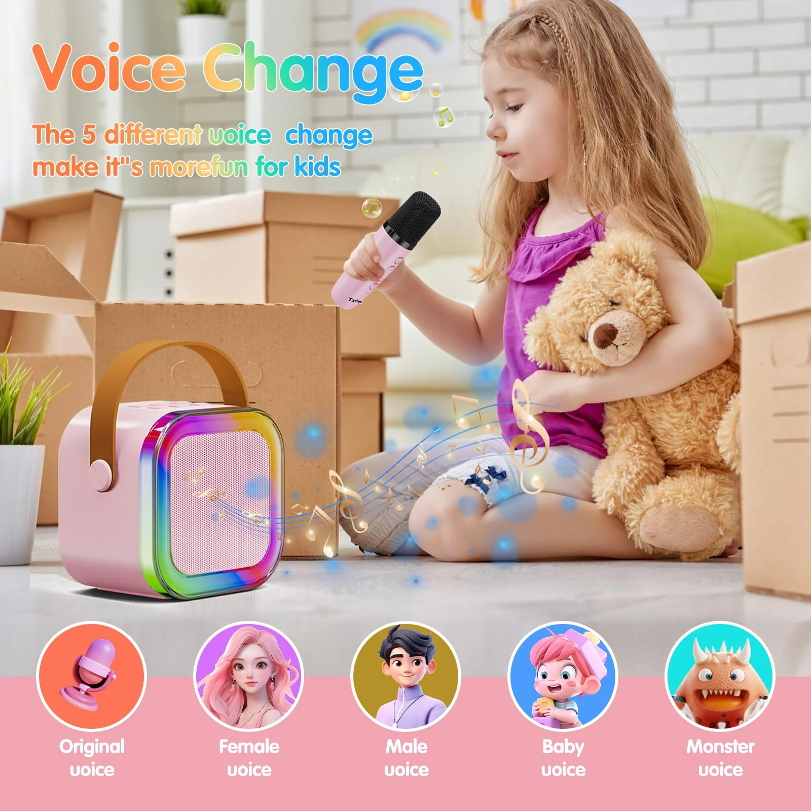 Txcige Mini Karaoke Machine for Kids Adults, Portable Bluetooth Karaoke Speaker with 2 Wireless Microphones & Colorful Lights, Karaoke Machine for Girls Boys Birthday Christmas (Pink) Pink - Image 5