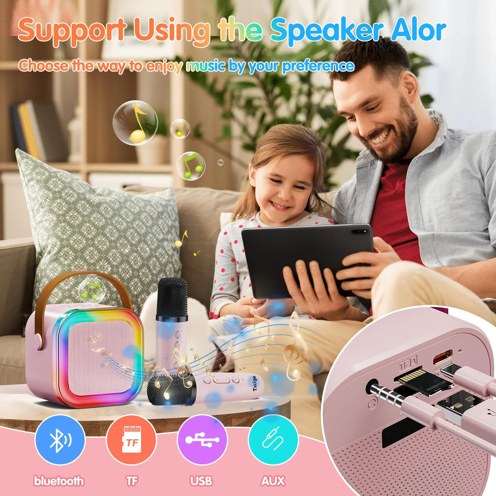 Txcige Mini Karaoke Machine for Kids Adults, Portable Bluetooth Karaoke Speaker with 2 Wireless Microphones & Colorful Lights, Karaoke Machine for Girls Boys Birthday Christmas (Pink) Pink - Image 6