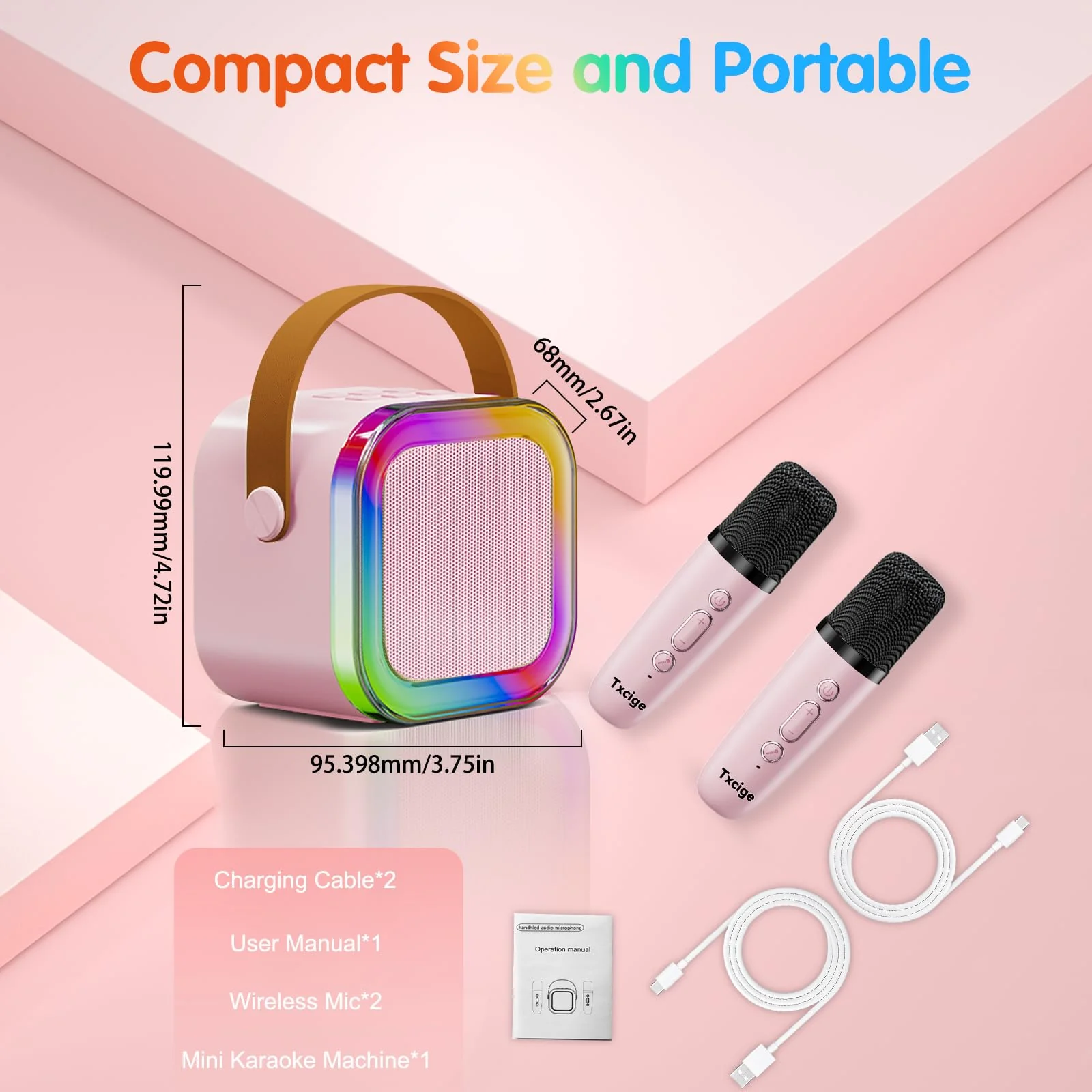 Txcige Mini Karaoke Machine for Kids Adults, Portable Bluetooth Karaoke Speaker with 2 Wireless Microphones & Colorful Lights, Karaoke Machine for Girls Boys Birthday Christmas (Pink) Pink - Image 7