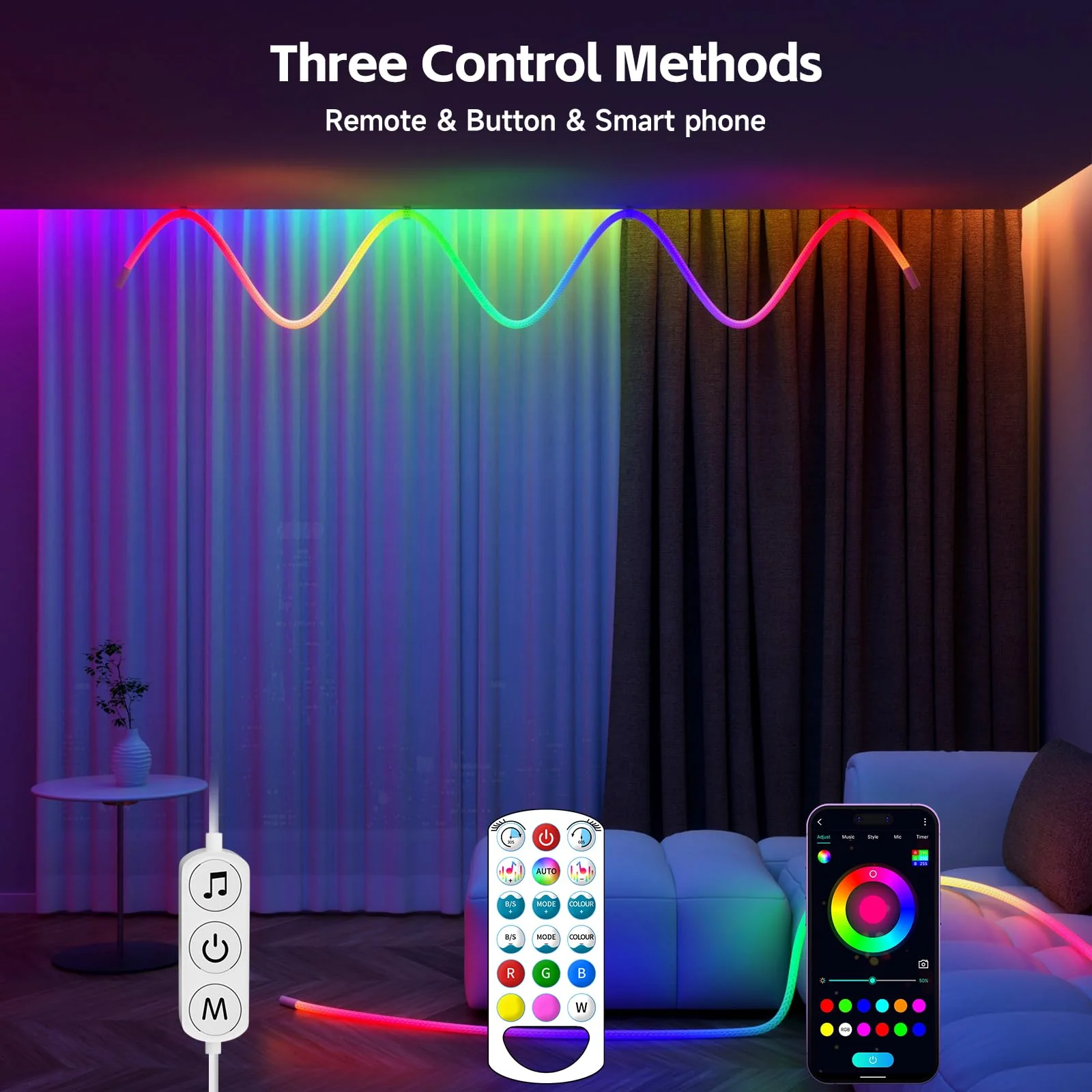 Tyute LED Rope Lights, 9.84ft Neon LED Lights Strip with 360 Degree Luminous, 5V USB Flexible IP67 Waterproof Music Sync Remote APP Control Gaming Lights Accessories for Bedroom Outdoor Décor - Image 3