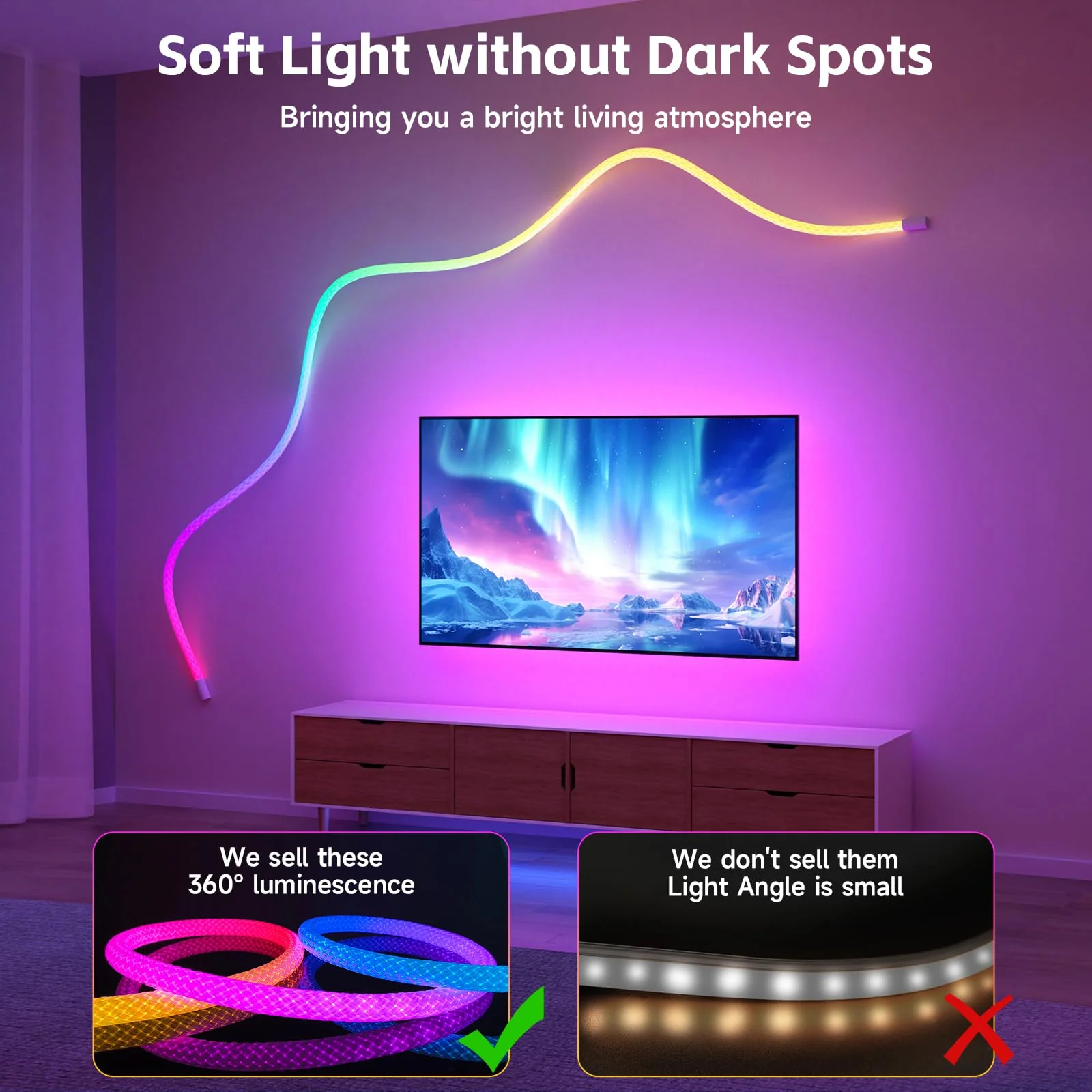 Tyute LED Rope Lights, 9.84ft Neon LED Lights Strip with 360 Degree Luminous, 5V USB Flexible IP67 Waterproof Music Sync Remote APP Control Gaming Lights Accessories for Bedroom Outdoor Décor - Image 4