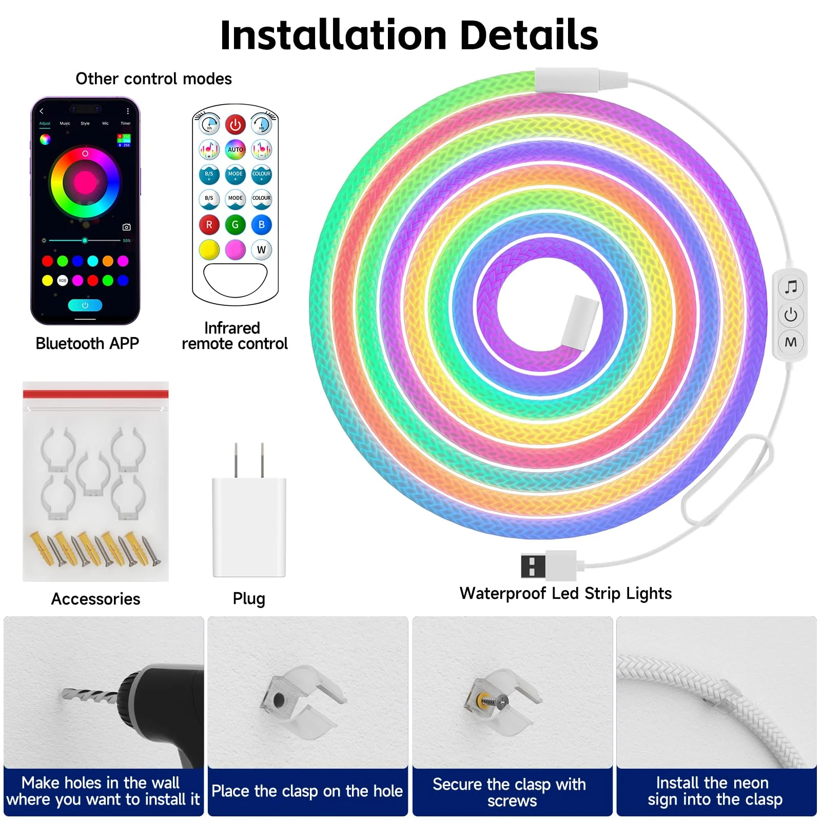 Tyute LED Rope Lights, 9.84ft Neon LED Lights Strip with 360 Degree Luminous, 5V USB Flexible IP67 Waterproof Music Sync Remote APP Control Gaming Lights Accessories for Bedroom Outdoor Décor - Image 6