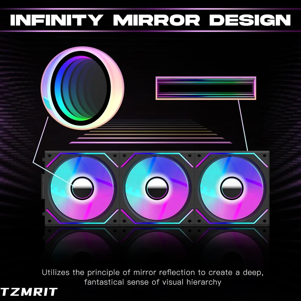 TZMRIT Interstellar-V2 Infinity Mirror ARGB PWM Fan 120 mm Black, RGB Fan 120 mm, Triple Pack (Black) Black-V2 - Image 4