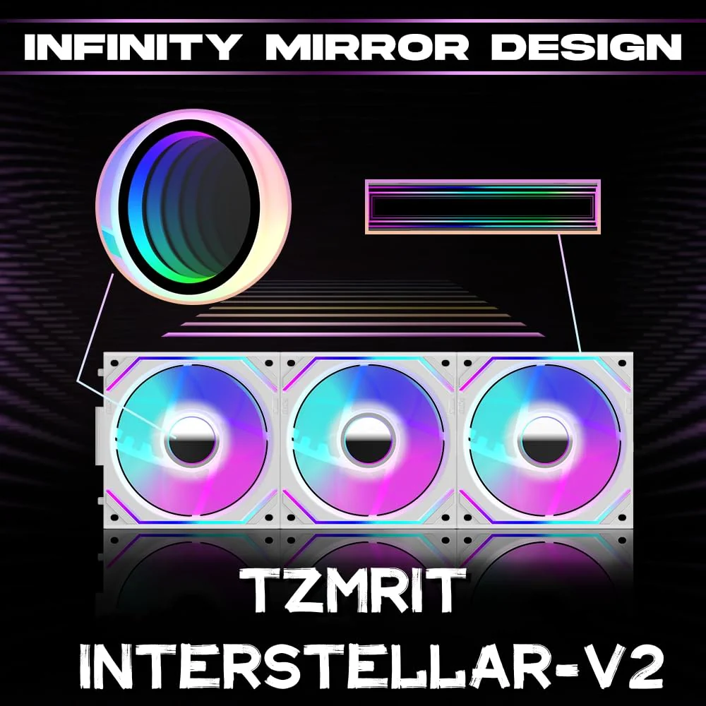 TZMRIT Interstellar-V2 Infinity Mirror ARGB PWM Fan 120 mm White, RGB Fan 120 mm, Triple Pack (White Reverse Flow) White Reverse Flow-V2 - Image 4