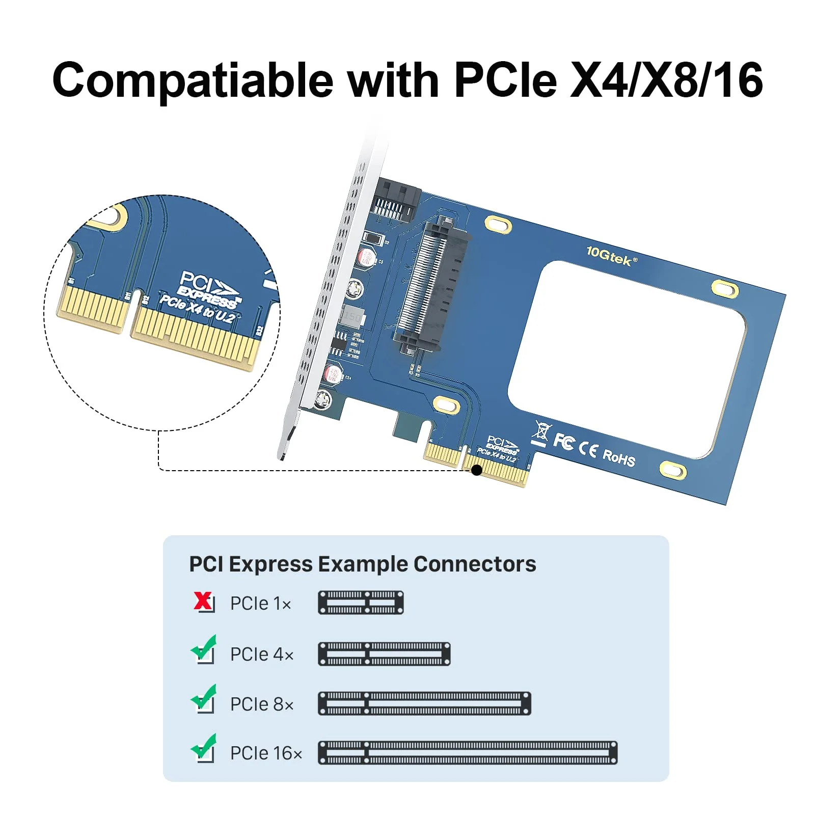 U.2 SFF-8639 to PCIe NVMe SSD Adapter Card, PCIe 3.0 X4 Expansion Card for 2.5" U.2 NVMe SSD or 2.5" SATA SSD (1x) SFF-8639 - Image 2