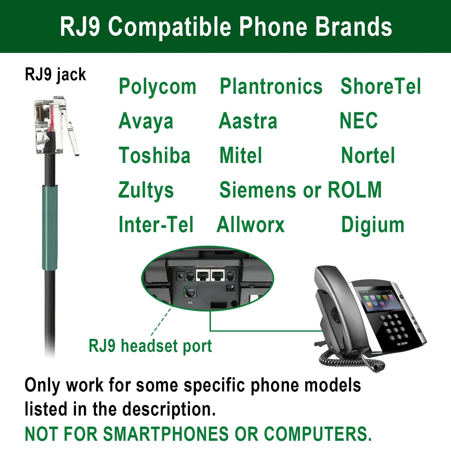 U10P Headset Adapter RJ9 to QD Cable for Plantronics Quick Disconnect Headset Cord Compatible with Polycom VVX411 VVX410 VVX311 VVX310 Plantronics ShoreTel Avaya NEC Aastra Mitel Nortel Landline Phone - Image 2