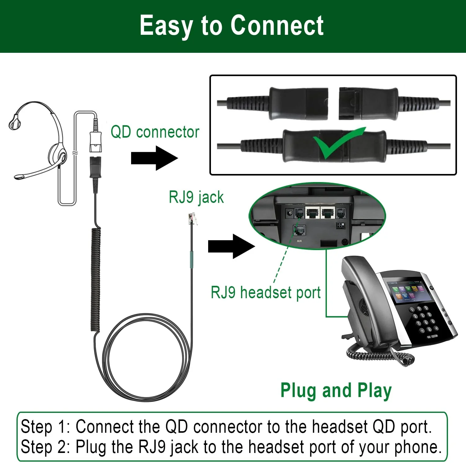 U10P Headset Adapter RJ9 to QD Cable for Plantronics Quick Disconnect Headset Cord Compatible with Polycom VVX411 VVX410 VVX311 VVX310 Plantronics ShoreTel Avaya NEC Aastra Mitel Nortel Landline Phone - Image 7