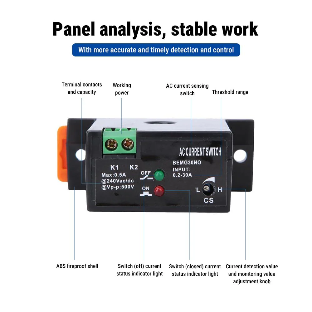 Uadme Adjustable Current Switch, Current Meter Switch AC 240V 0.2-30A, Normally Open Current Sensor Control Switch, for Industrial Automation Devices, Buzzer, Relay, Microcontroller - Image 3