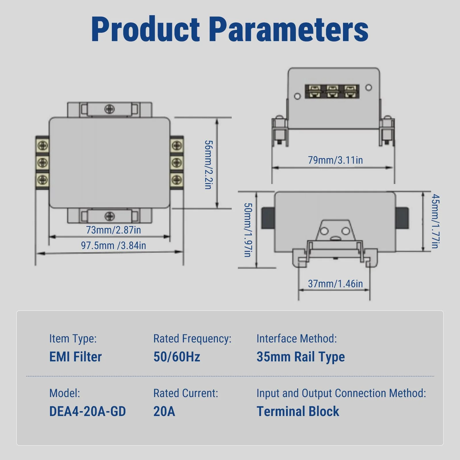 Uadme DEA4-20A-GD EMI Filter Performance Filter 115V 250V 20A 50/60Hz Single-Phase Filter, Terminal Block Connection - Image 2