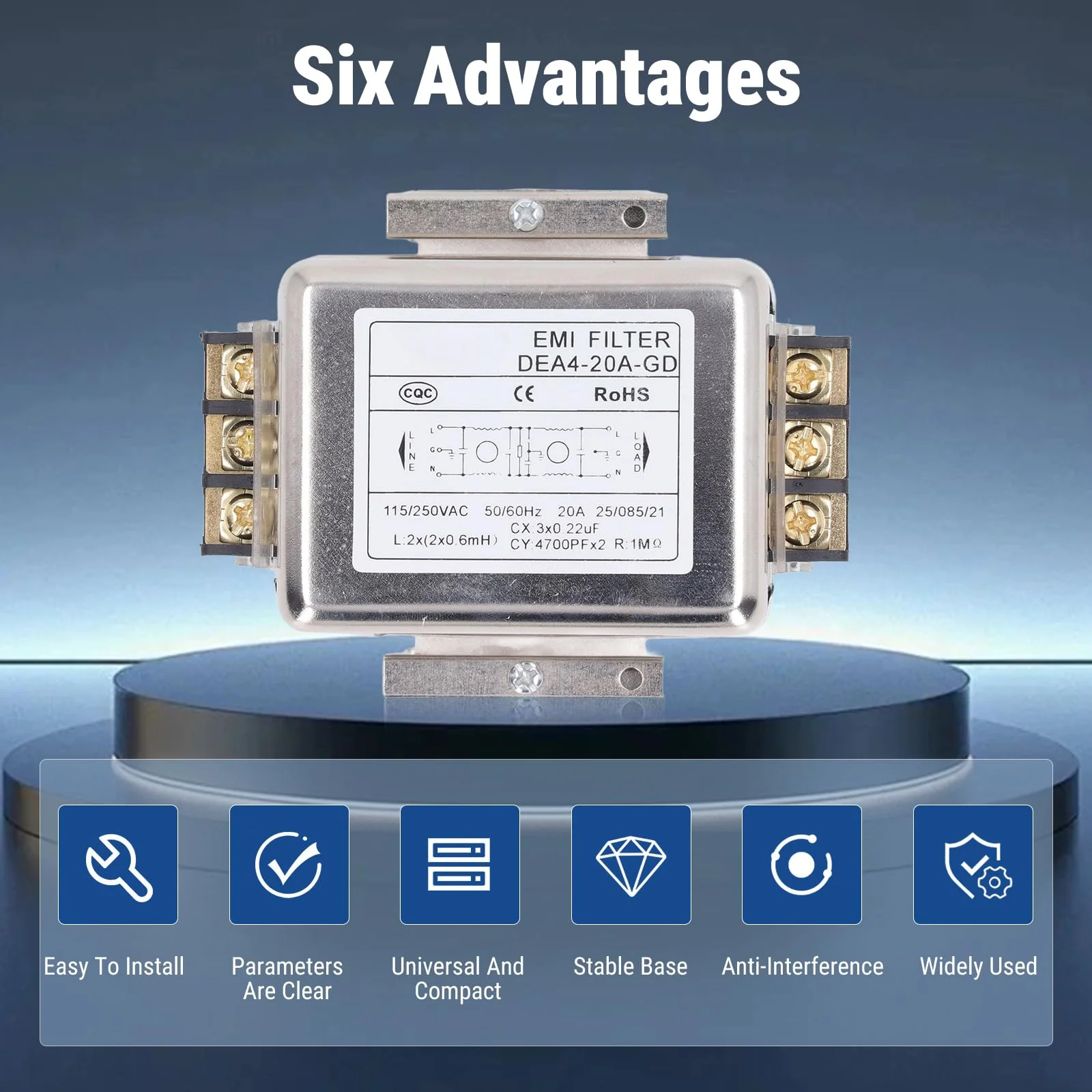 Uadme DEA4-20A-GD EMI Filter Performance Filter 115V 250V 20A 50/60Hz Single-Phase Filter, Terminal Block Connection - Image 3