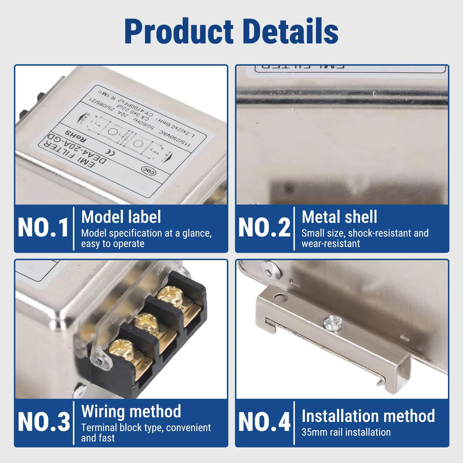 Uadme DEA4-20A-GD EMI Filter Performance Filter 115V 250V 20A 50/60Hz Single-Phase Filter, Terminal Block Connection - Image 6