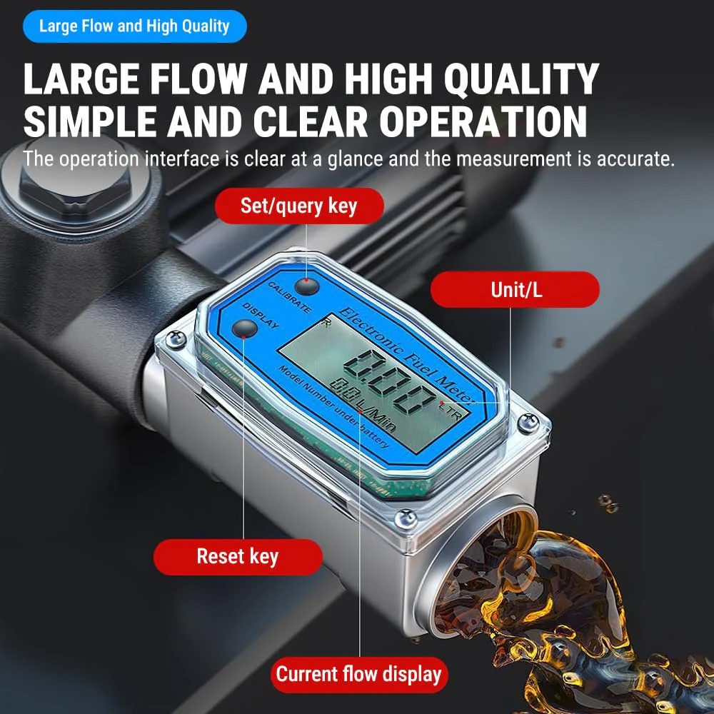 Uadme Flow Meter 15-150L/min 1" NPT Diesel Flow Sensor Mini Digital Turbine Flowmeter for Diesel Kerosene Petrol Shows Current and Cumulative Flow Blue - Image 3
