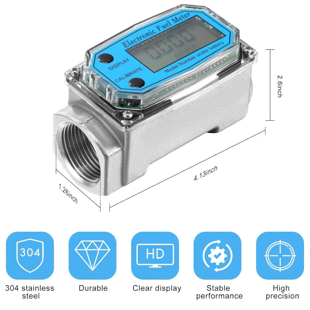 Uadme Flow Meter 15-150L/min 1" NPT Diesel Flow Sensor Mini Digital Turbine Flowmeter for Diesel Kerosene Petrol Shows Current and Cumulative Flow Blue - Image 7