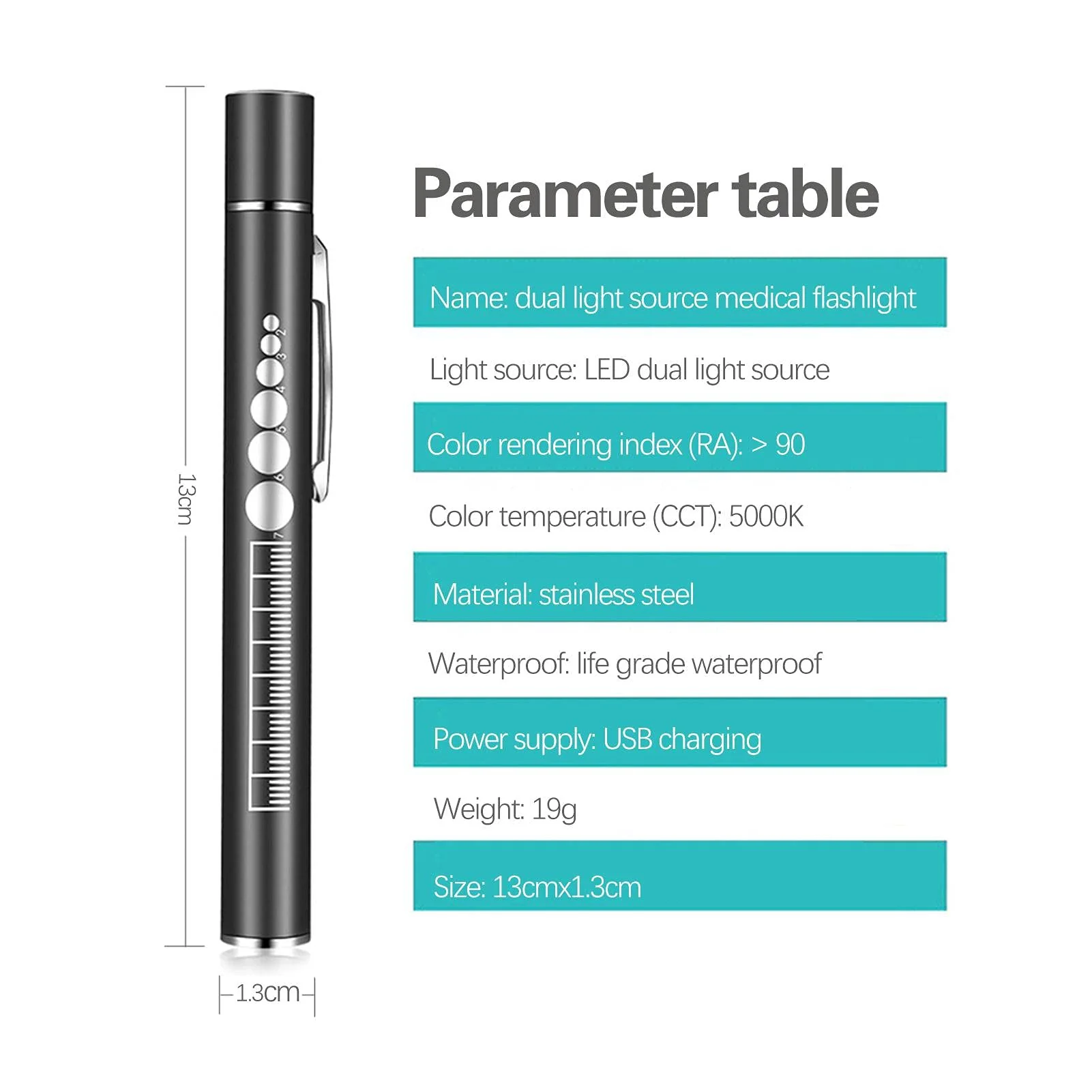Uadme Pupil Light, Diagnostic Light, Rechargeable, Medical Light Pen for Nurses, Doctors, with Pocket Clip and USB Cable - Image 3