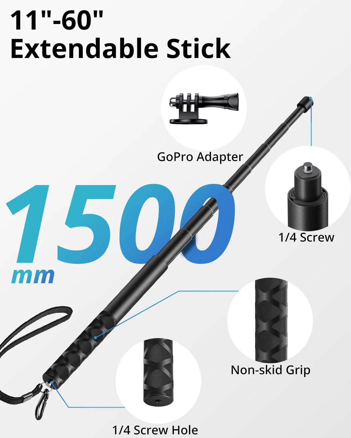 UBeesize 60-in Invisible Selfie Stick, Extended Monopod Pole for Insta360 ONE X2 DJI OSMO Action GoPro Hero Series (Buckle Mount for GoPro and Carabiner Lanyard Included) - Image 2