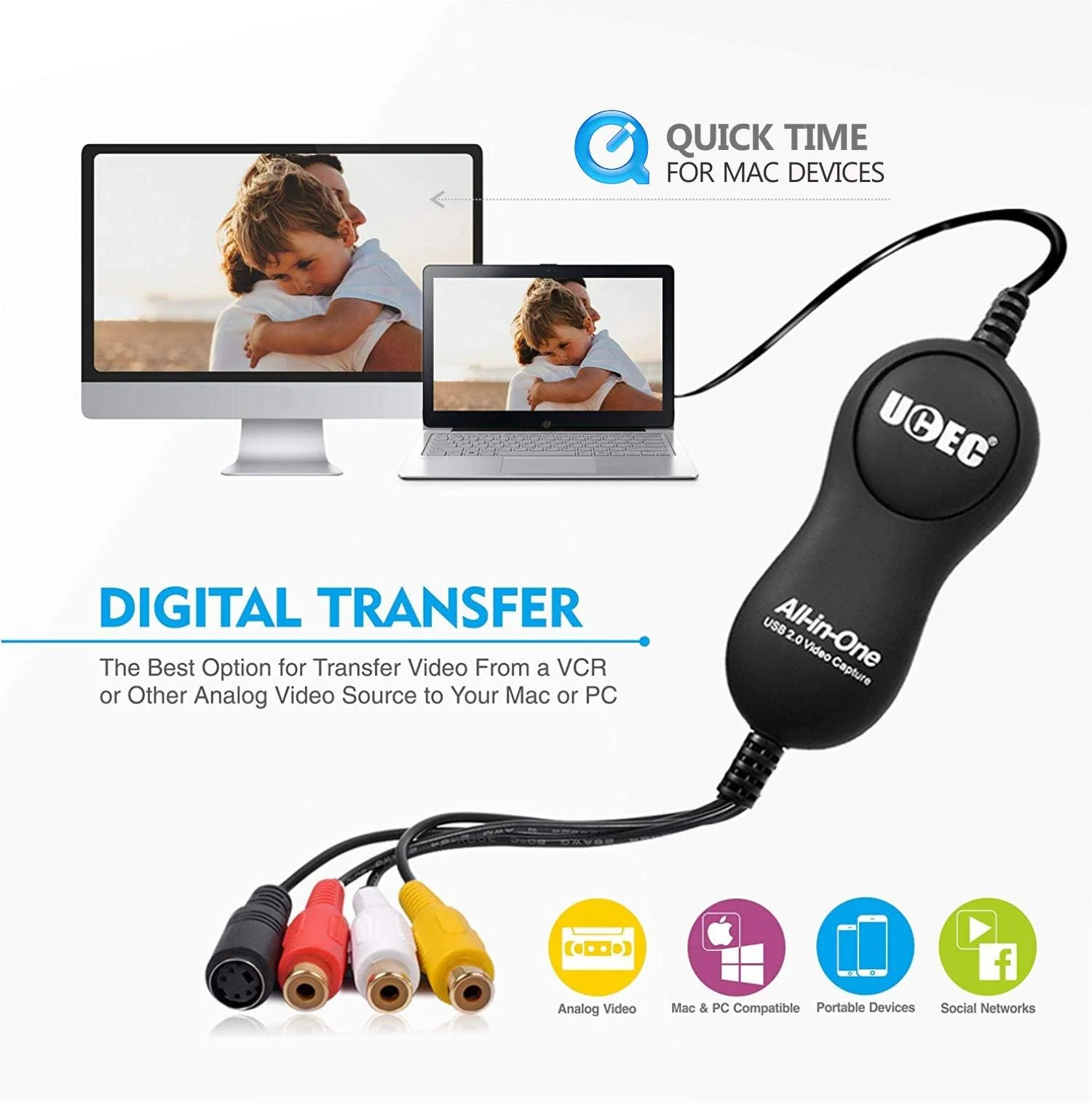 UCEC USB 2.0 Video Capture Card Device, VHS VCR TV to DVD Converter for Mac OS X PC Windows 7 8 10 11 - Image 2