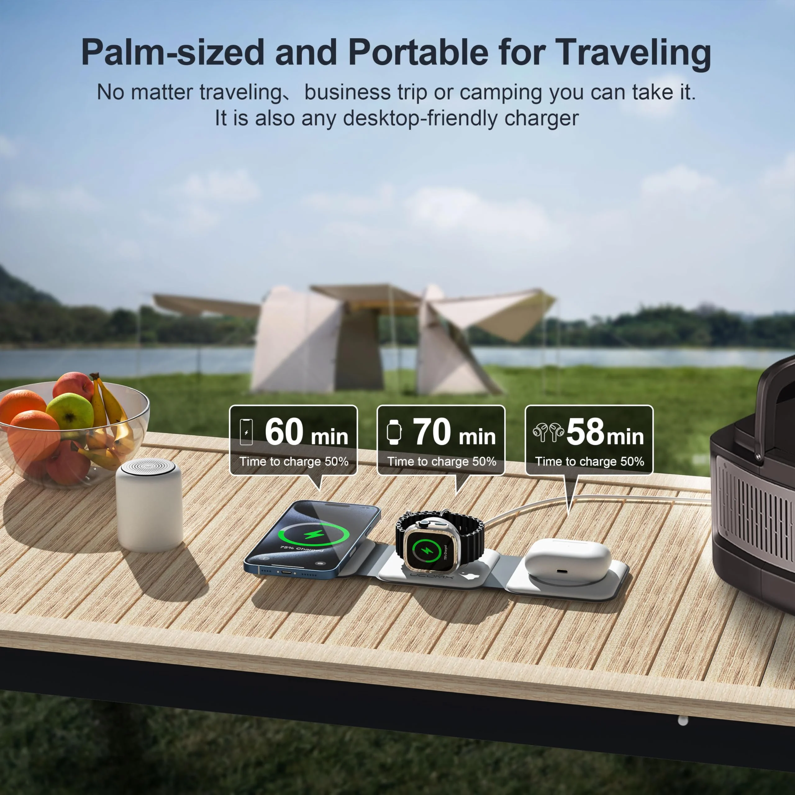 UCOMX 3 in 1 Charging Station for Multple Devices,Foldable 3 in 1 Wireless Charger for Travel,Nano Wireless Charging Station for iPhone16 15 14 13 12 Pro Max/Watch 10 9 8 7 6 5 4 3 Ultra/AirPod Pro White - Image 2