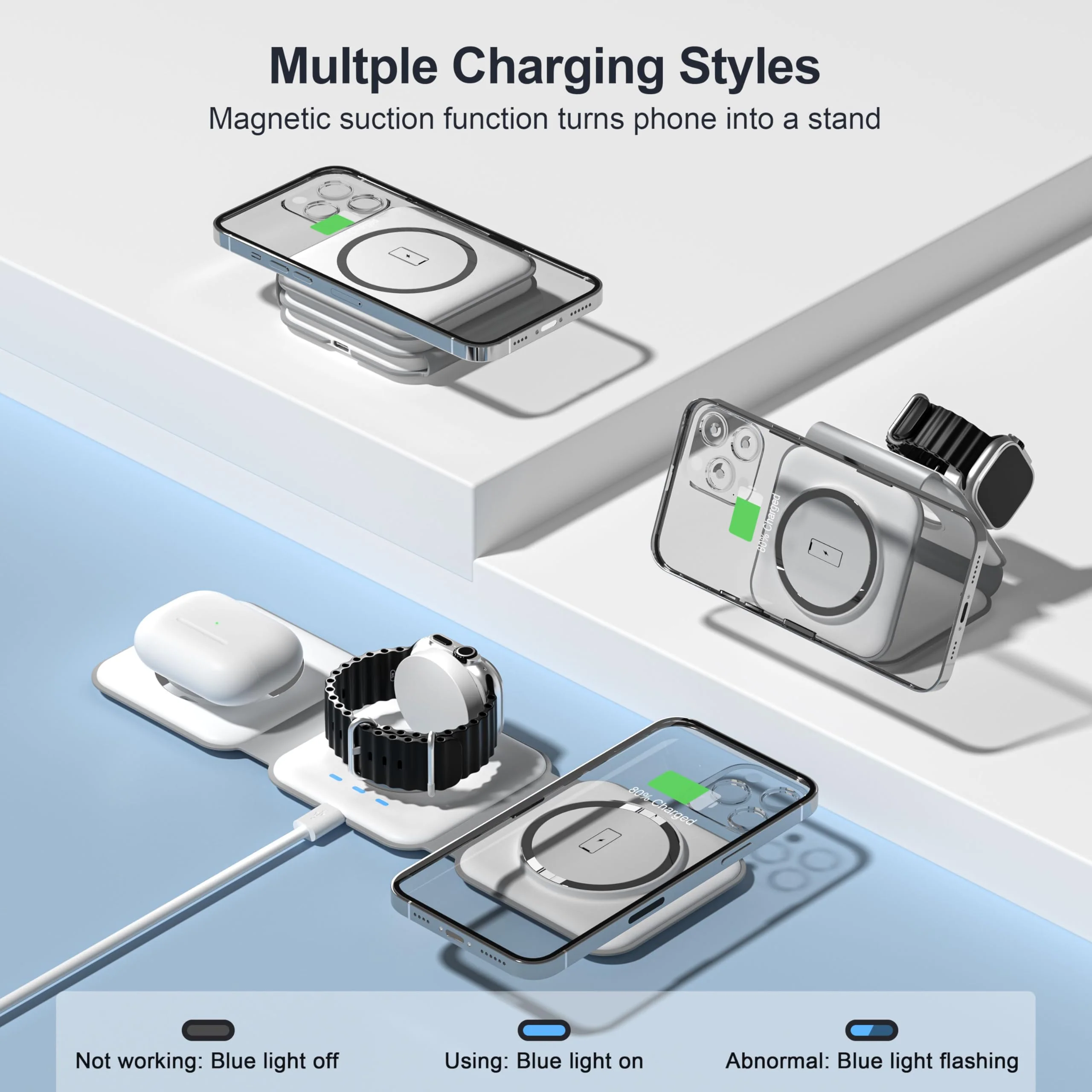 UCOMX 3 in 1 Charging Station for Multple Devices,Foldable 3 in 1 Wireless Charger for Travel,Nano Wireless Charging Station for iPhone16 15 14 13 12 Pro Max/Watch 10 9 8 7 6 5 4 3 Ultra/AirPod Pro White - Image 3