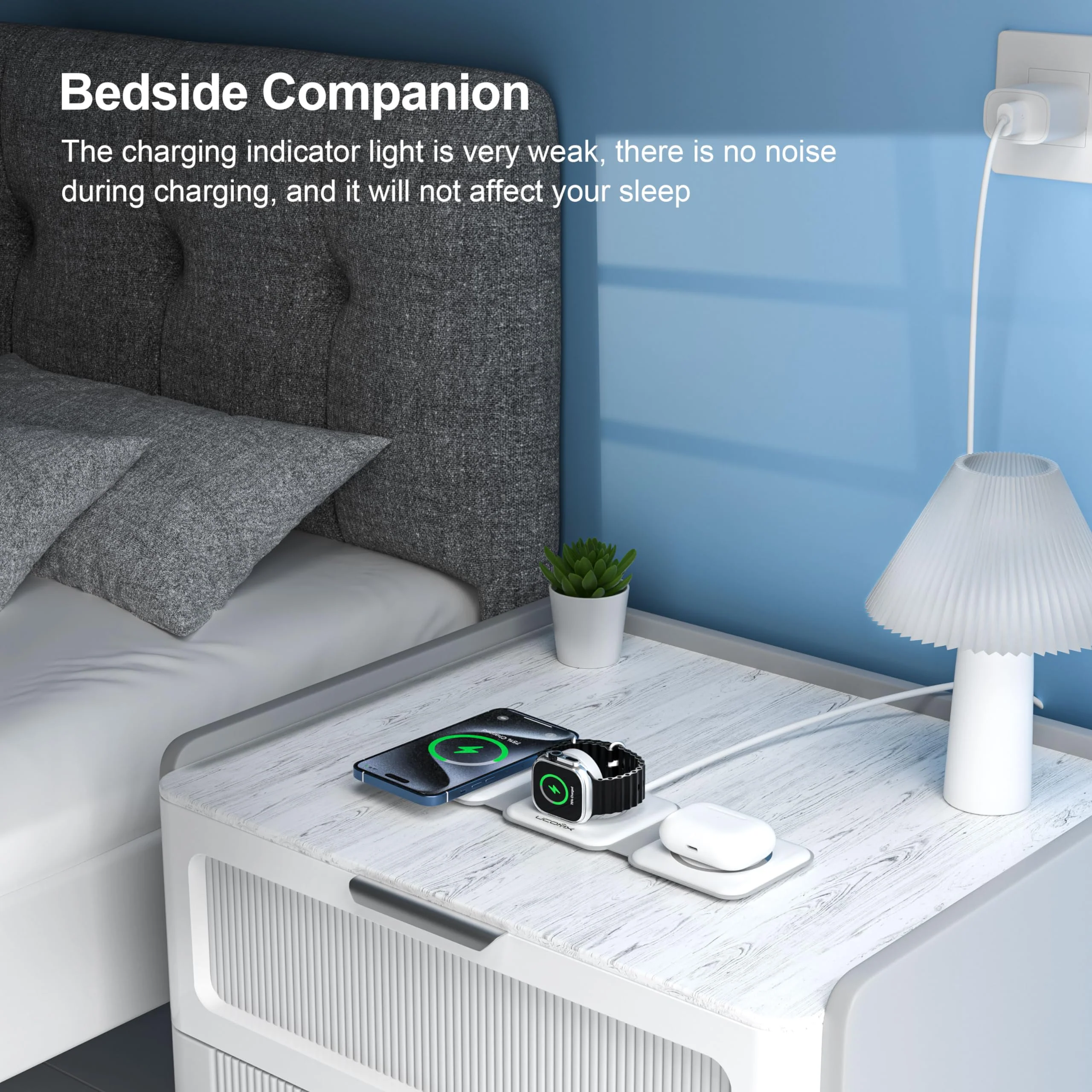 UCOMX 3 in 1 Charging Station for Multple Devices,Foldable 3 in 1 Wireless Charger for Travel,Nano Wireless Charging Station for iPhone16 15 14 13 12 Pro Max/Watch 10 9 8 7 6 5 4 3 Ultra/AirPod Pro White - Image 6
