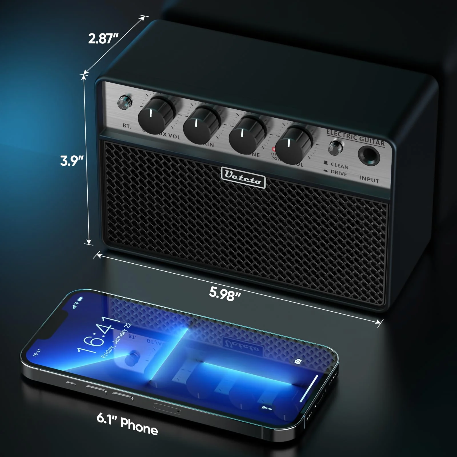 Ueteto 10W Mini Guitar Amp, Portable and Rechargeable Electric Guitar Practice Amplifier with Clean and Drive Channels Black - Image 5