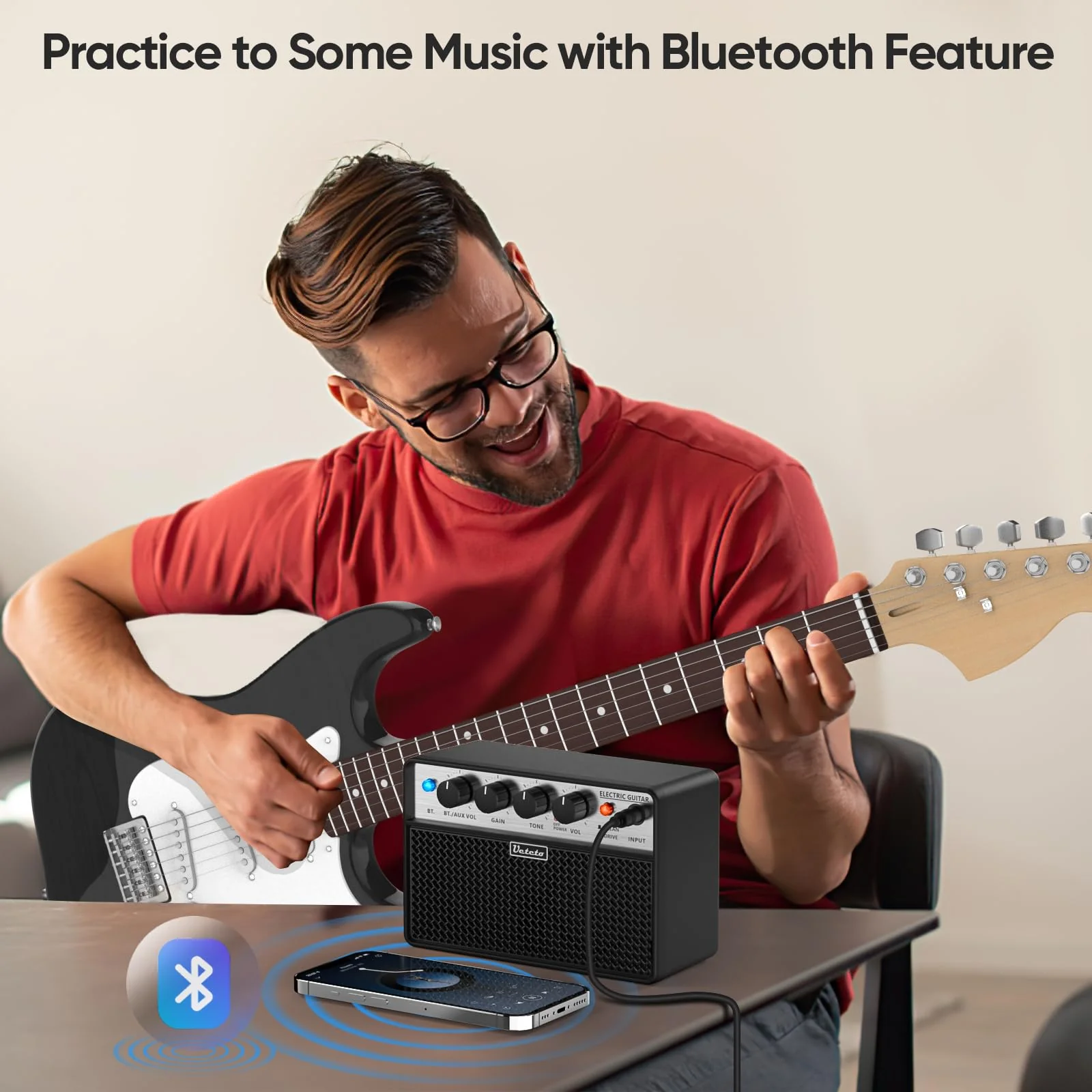 Ueteto 10W Mini Guitar Amp, Portable and Rechargeable Electric Guitar Practice Amplifier with Clean and Drive Channels Black - Image 6