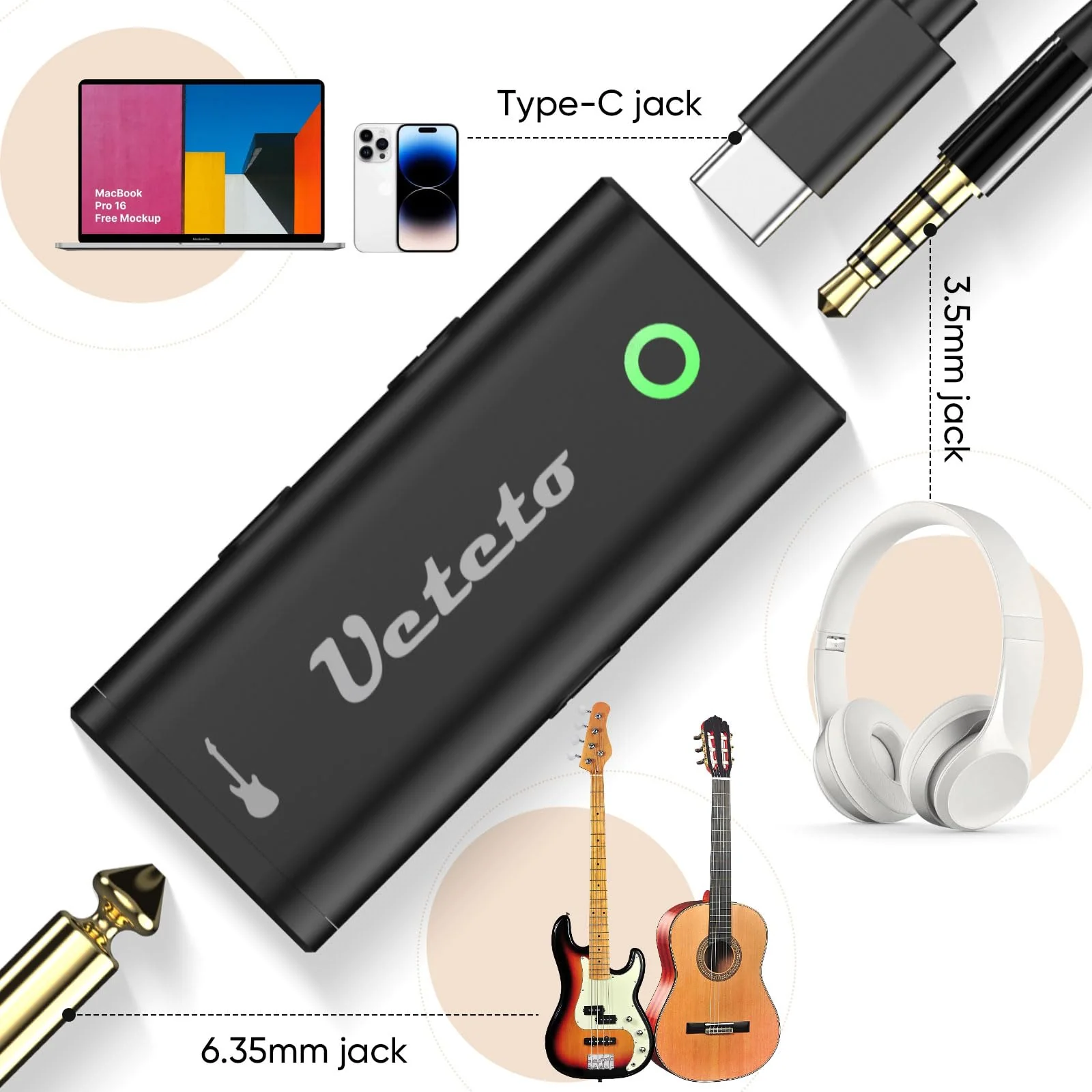 Ueteto Audio Interface for Guitar, Portable Internal Recording Sound Card for Live Streaming for Iphone, Ipad and Android smartphones and tablets, No Driver Needed - Image 2
