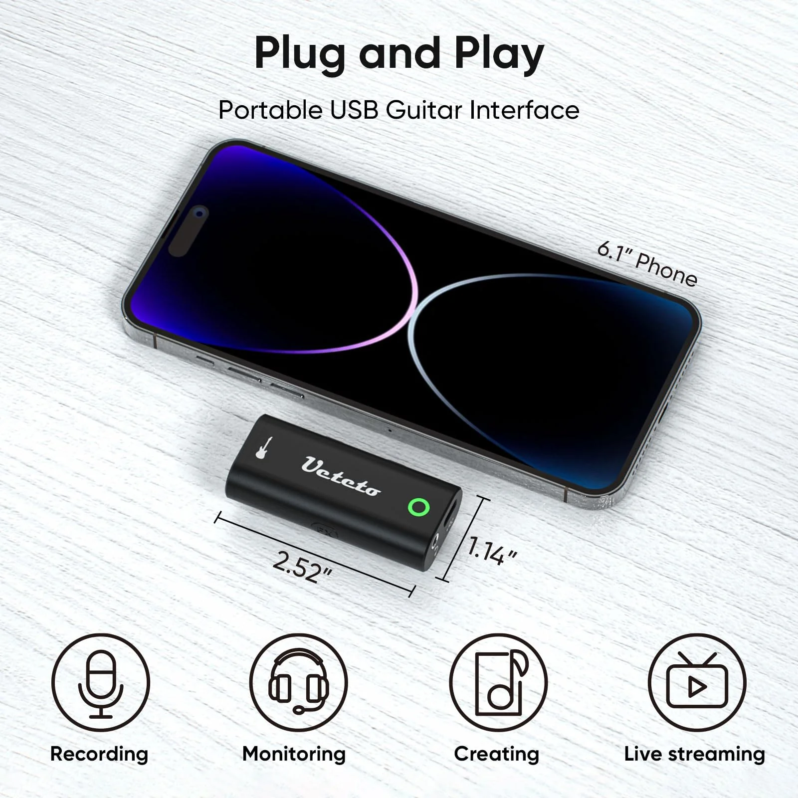 Ueteto Audio Interface for Guitar, Portable Internal Recording Sound Card for Live Streaming for Iphone, Ipad and Android smartphones and tablets, No Driver Needed - Image 4