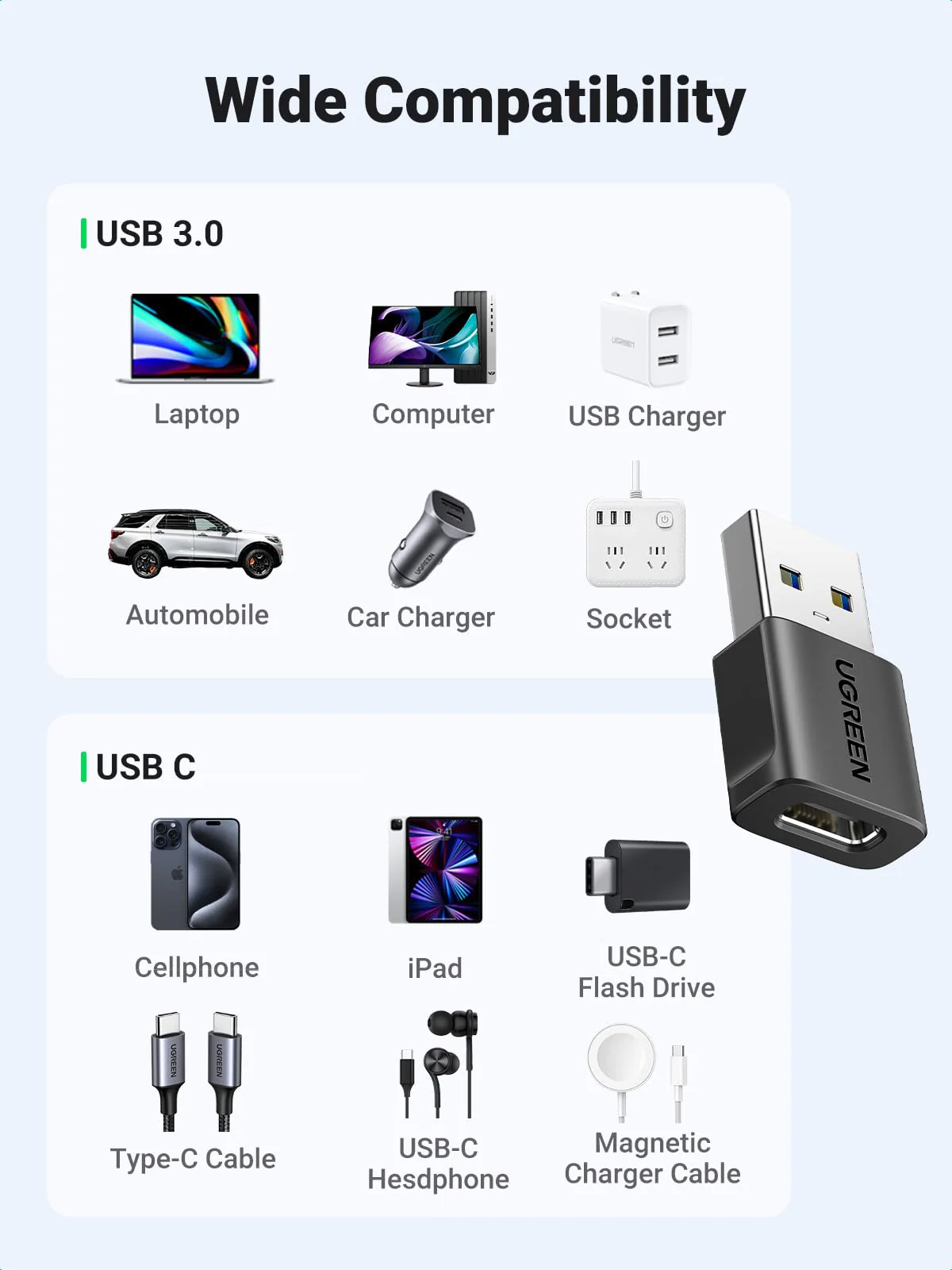 UGREEN 10Gbps USB to USB C Adapter 2Pack, USB C Female to USB Male Adapter USB C Charger Connector for Apple Watch 7 8 9, iPhone 14 13,AirPods,MagSafe Charger,CarPlay,Black - Image 4