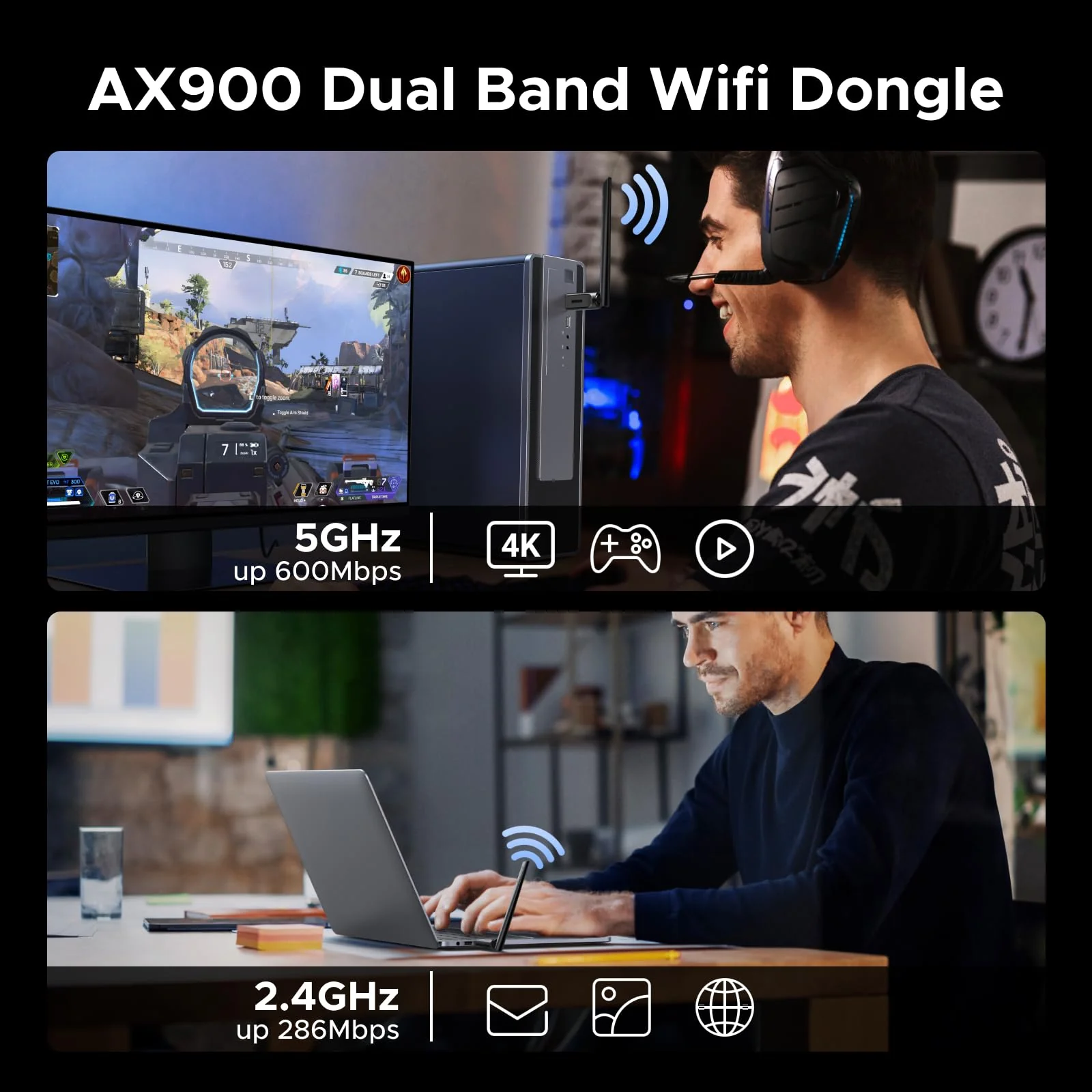 UGREEN 2-in-1 USB Bluetooth WiFi Adapter, AX900 + Bluetooth 5.4 WiFi 6 Adapter for Desktop PC with 5GHz/2.4GHz Dual Band, 6dBi High Gain Antenna, Built-in Driver for Windows 10/11 - Image 3